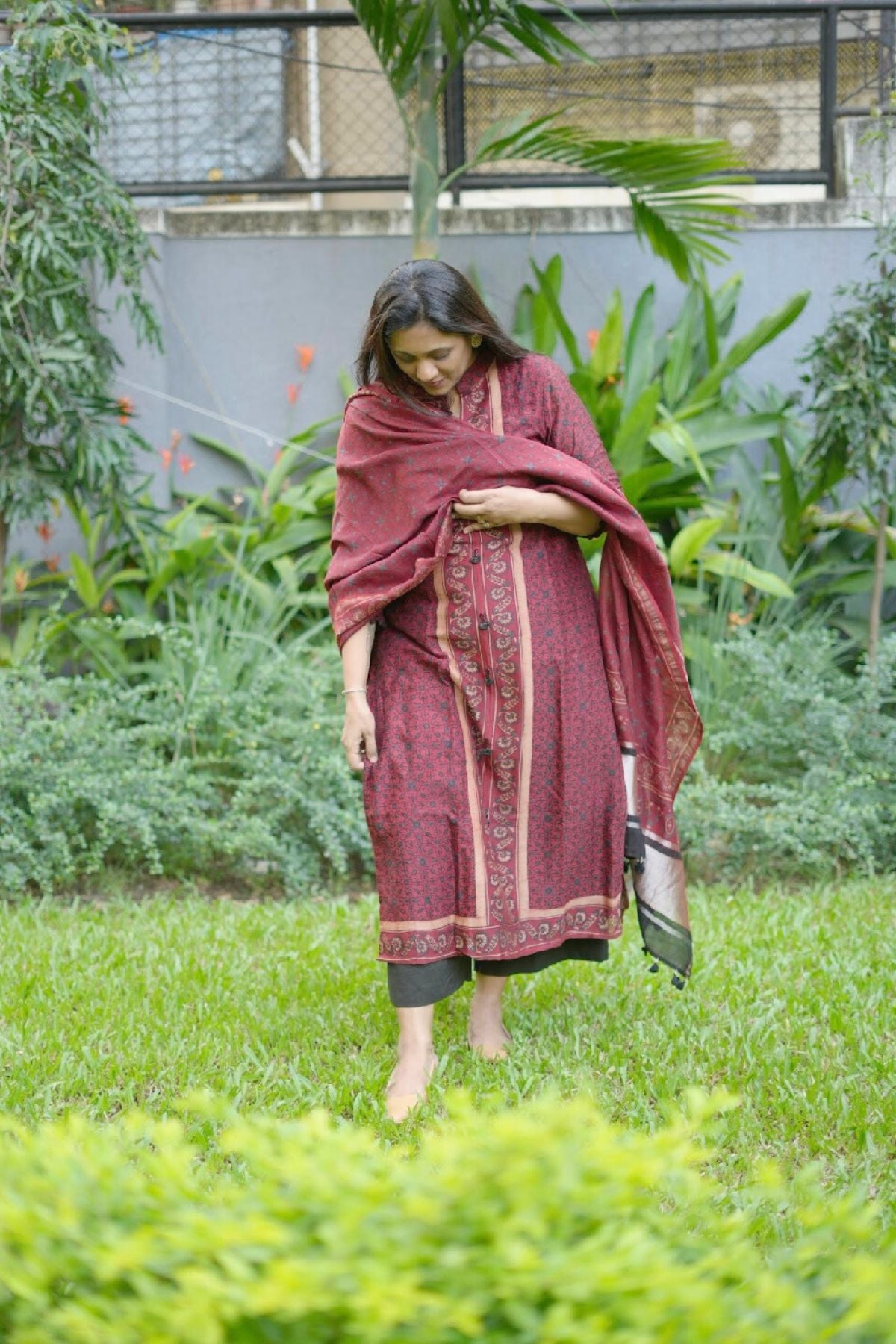 Maroon Ajrakh Linen Dress Suit