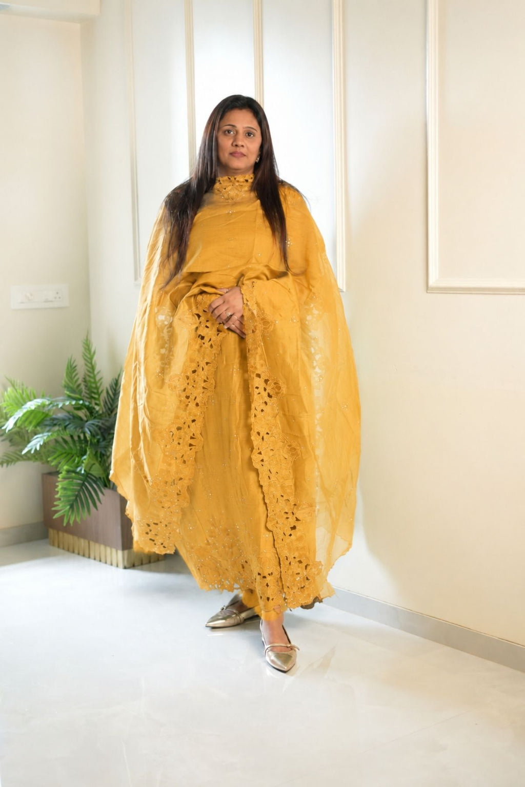 Pure Chanderi Silk Parsi Work Suit Set - Yellow
