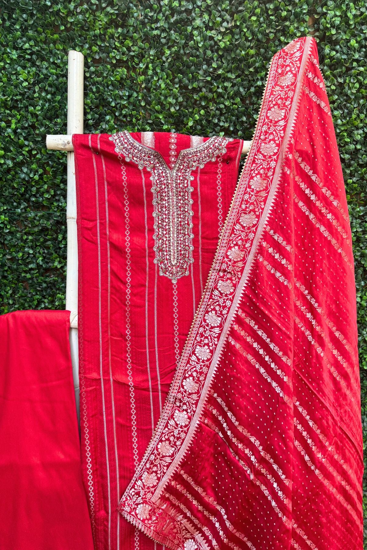 Blood Red Silver Weave Elegance – Pure Modal Satin Banarasi Suit Set