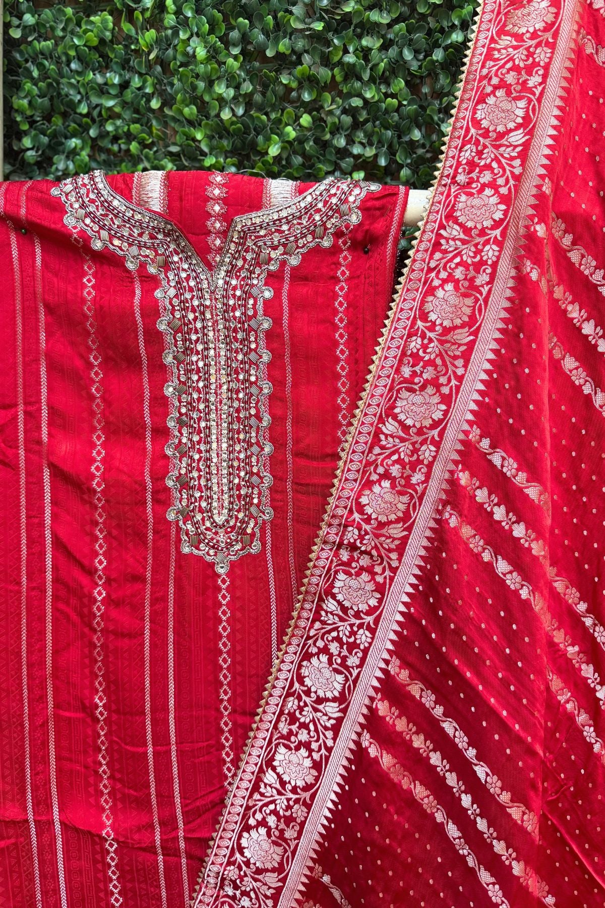 Blood Red Silver Weave Elegance – Pure Modal Satin Banarasi Suit Set