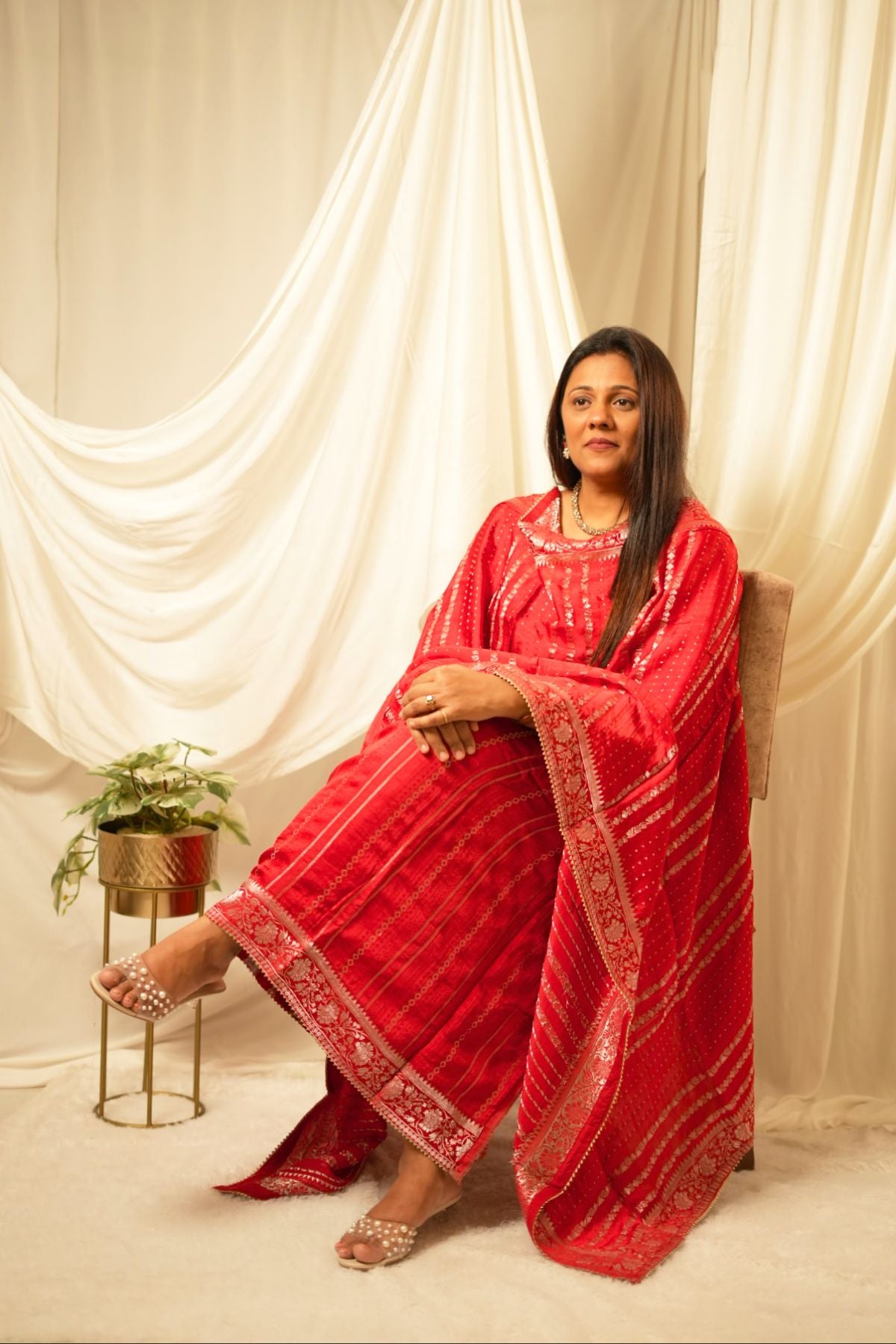 Blood Red Silver Weave Elegance – Pure Modal Satin Banarasi Suit Set