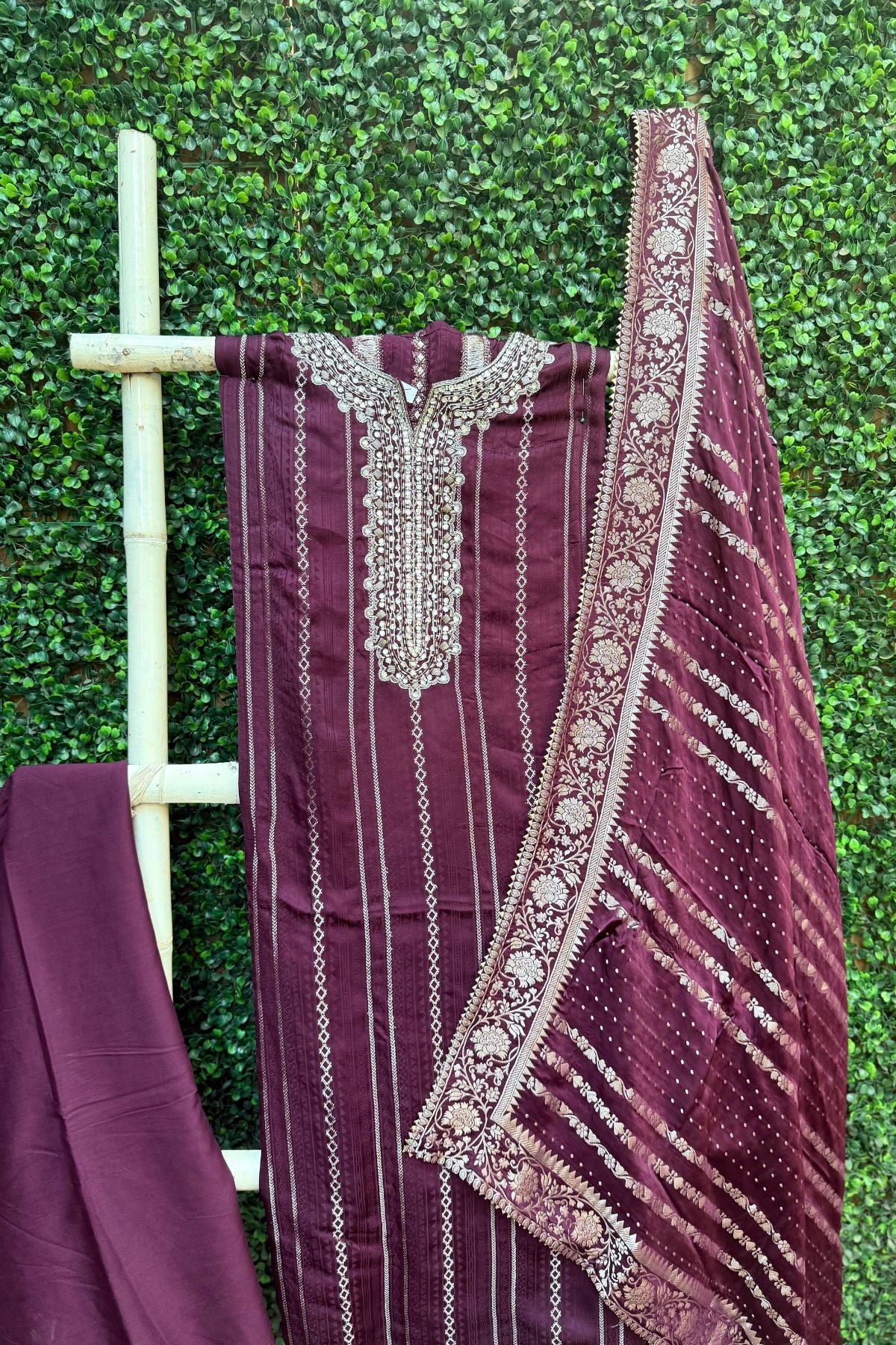 Wine Silver Weave Elegance – Pure Modal Satin Banarasi Suit Set