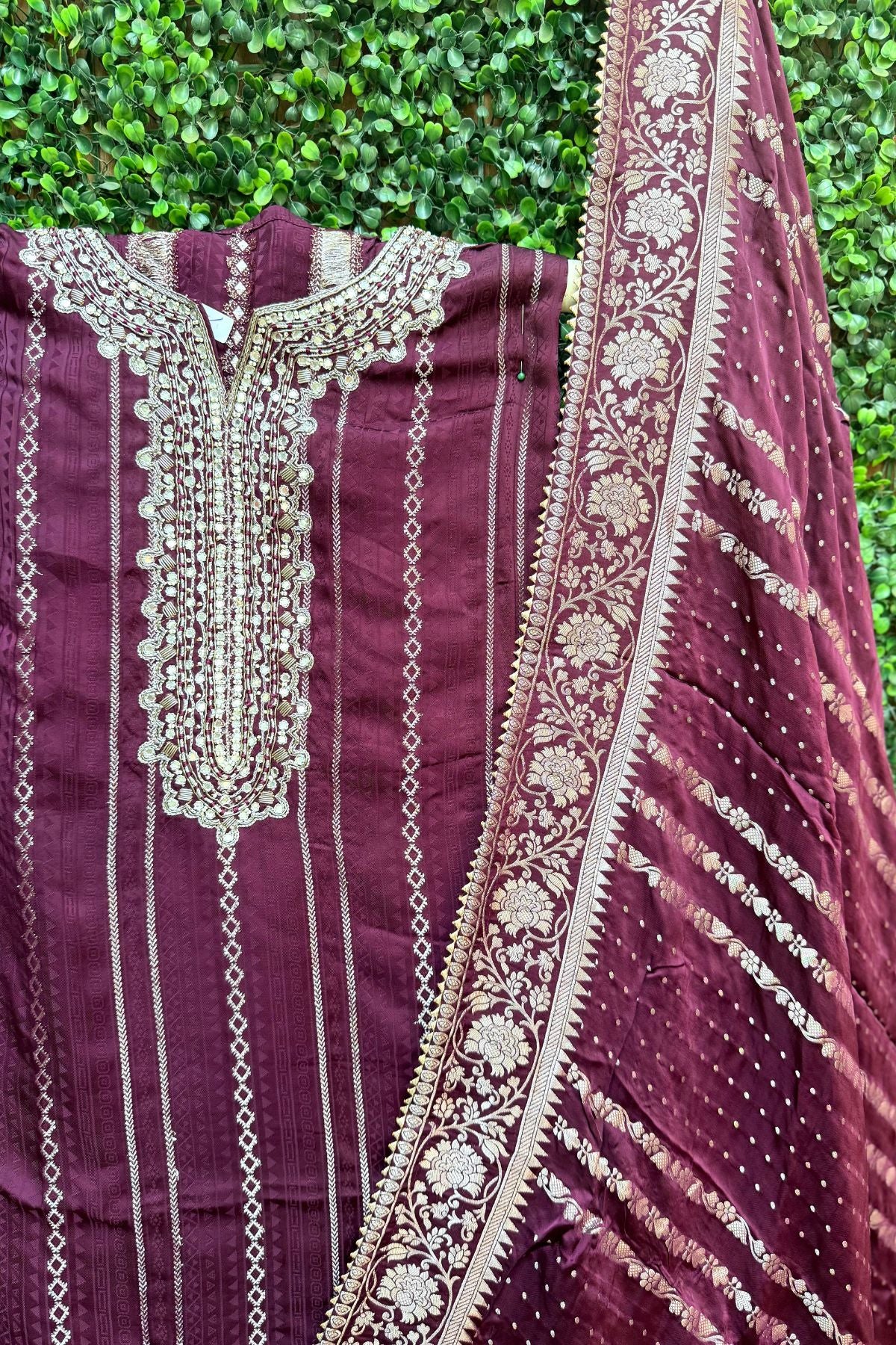 Wine Silver Weave Elegance – Pure Modal Satin Banarasi Suit Set