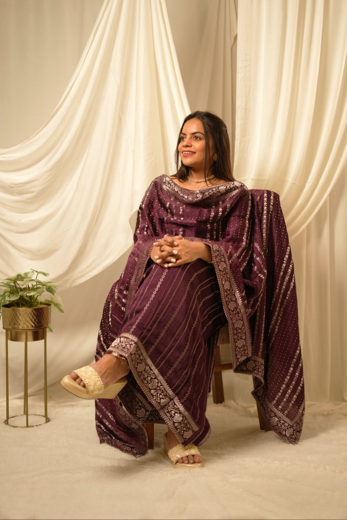 Wine Silver Weave Elegance – Pure Modal Satin Banarasi Suit Set