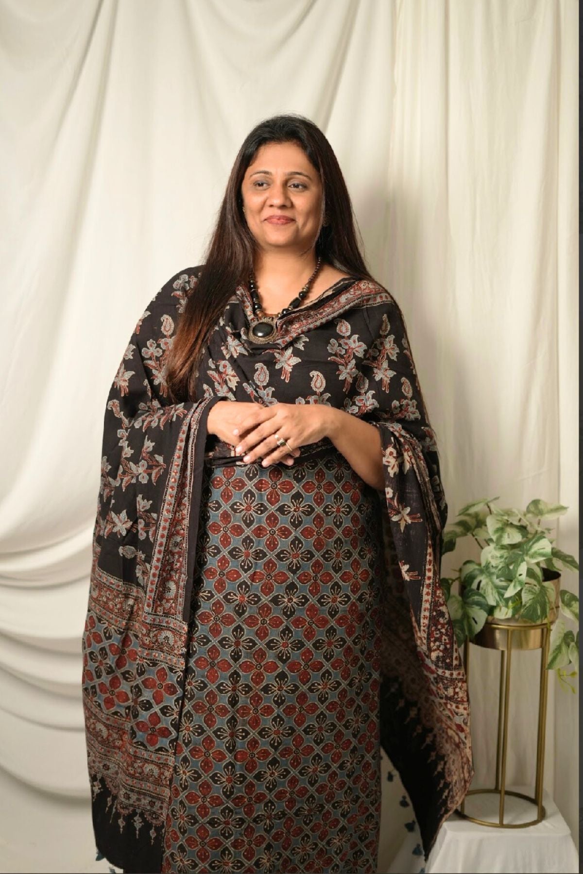 Black Ajrakh Linen Dress Suit