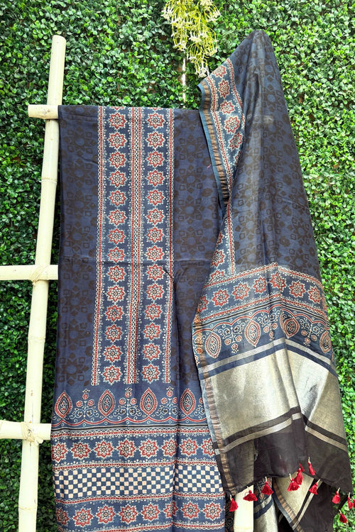 Black Blue Ajrakh  Chanderi Silk Dress Suit