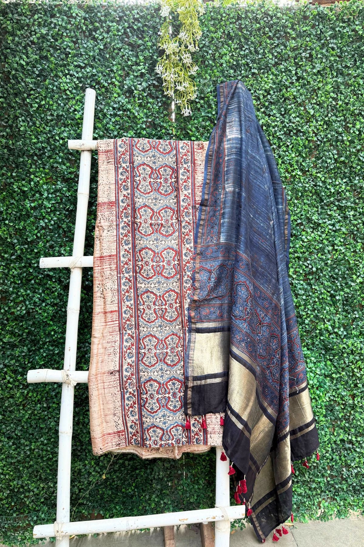 Cream Ajrakh Linen Dress Suit