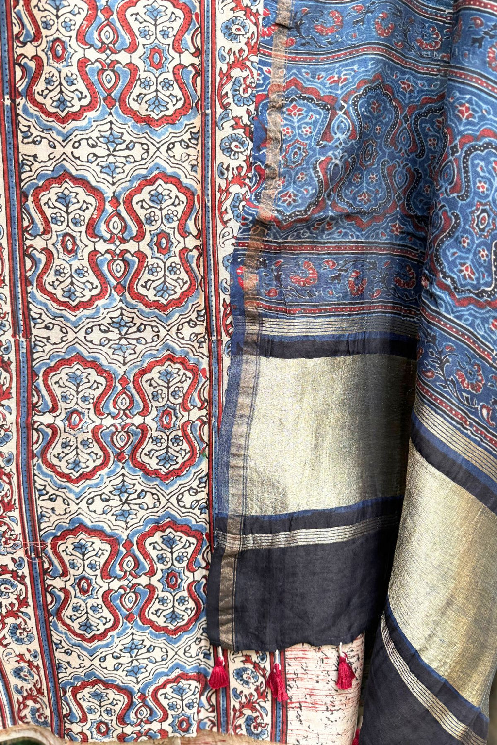 Cream Ajrakh Linen Dress Suit