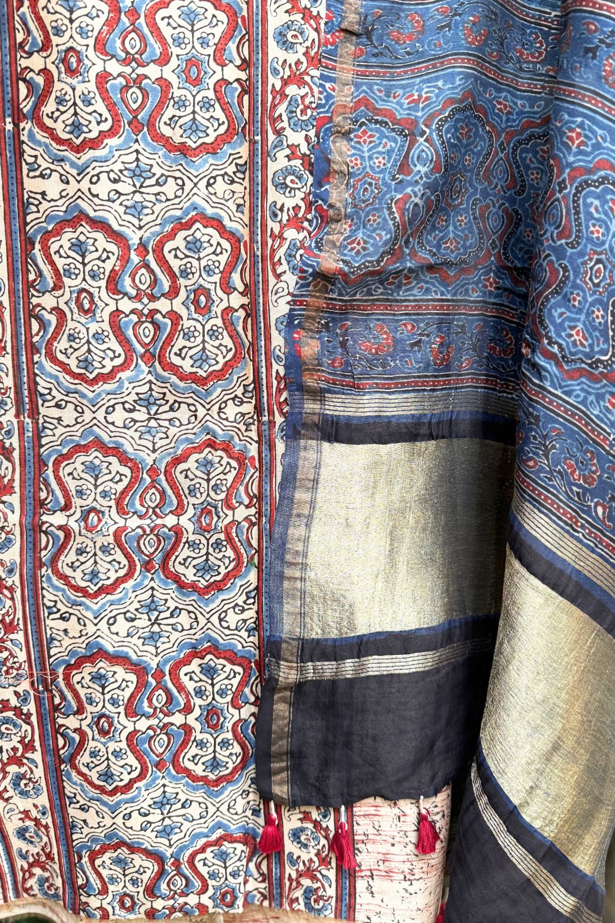 Cream Ajrakh Linen Dress Suit