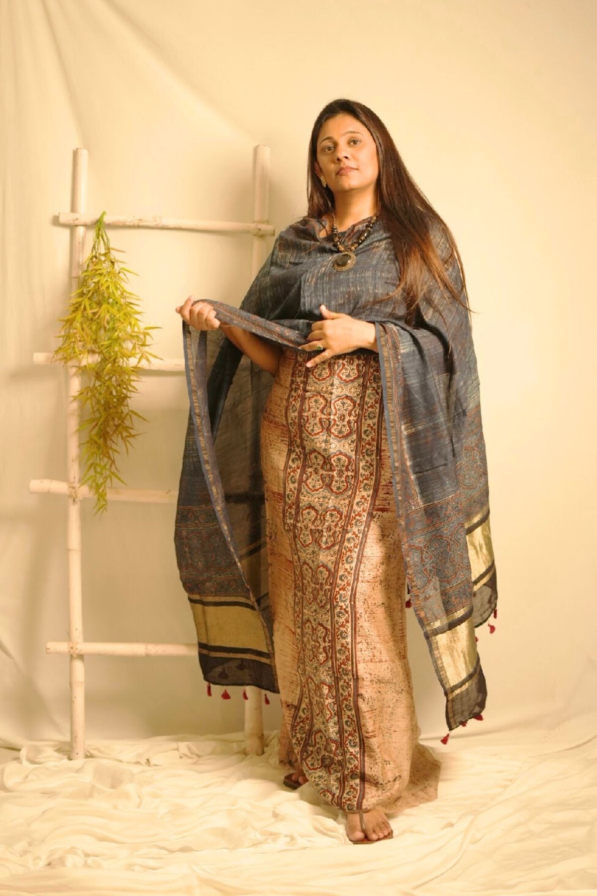 Cream Ajrakh Linen Dress Suit