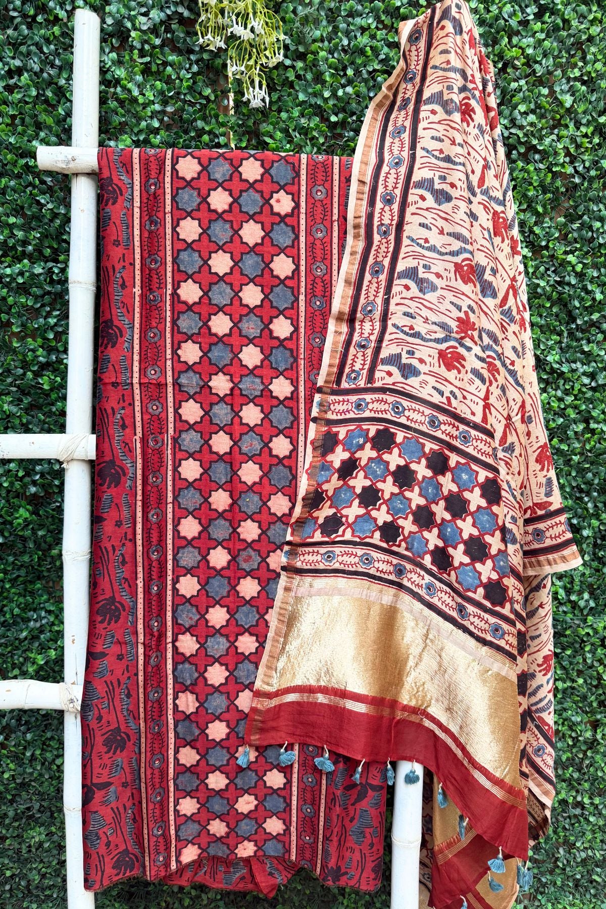 Brick Red Ajrakh Linen Dress Suit