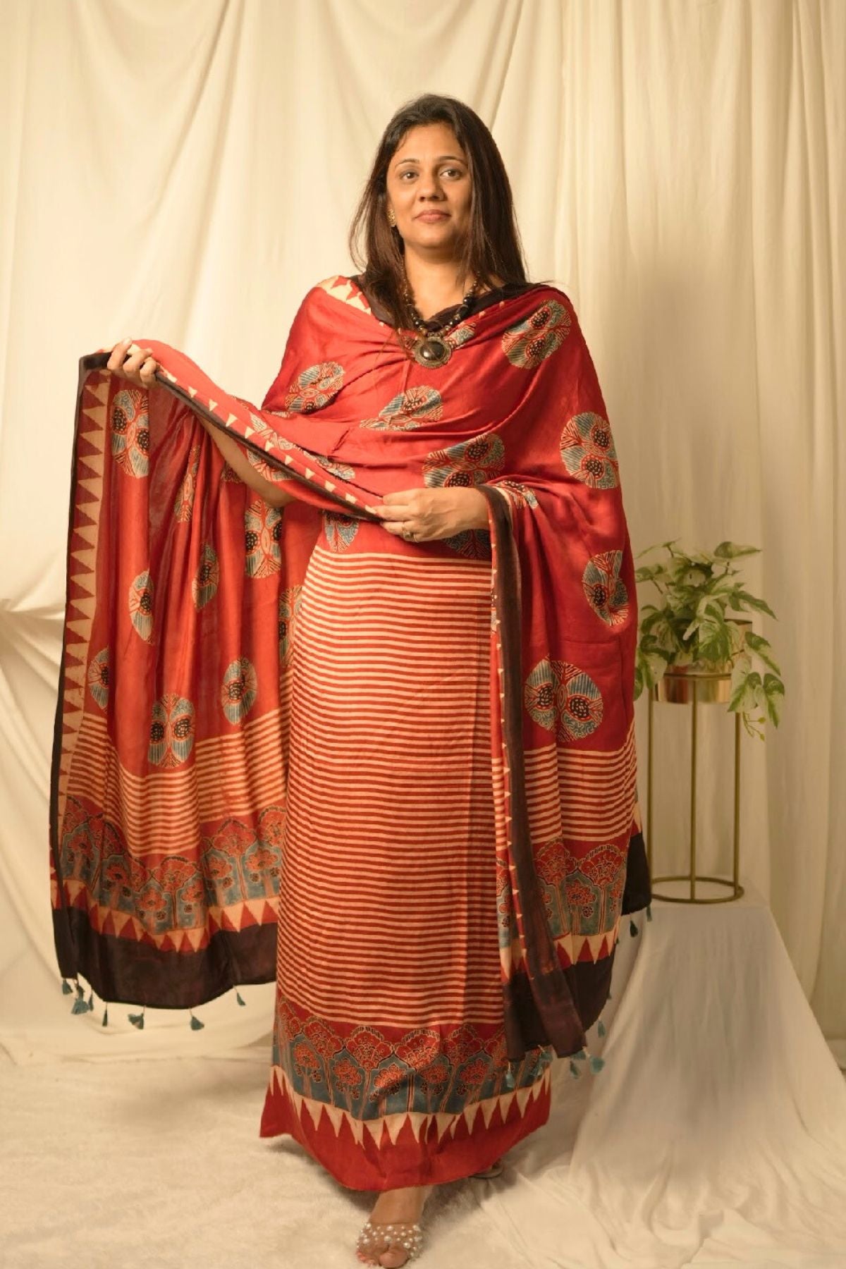 Maroon Ajrakh Satin Dress Suit