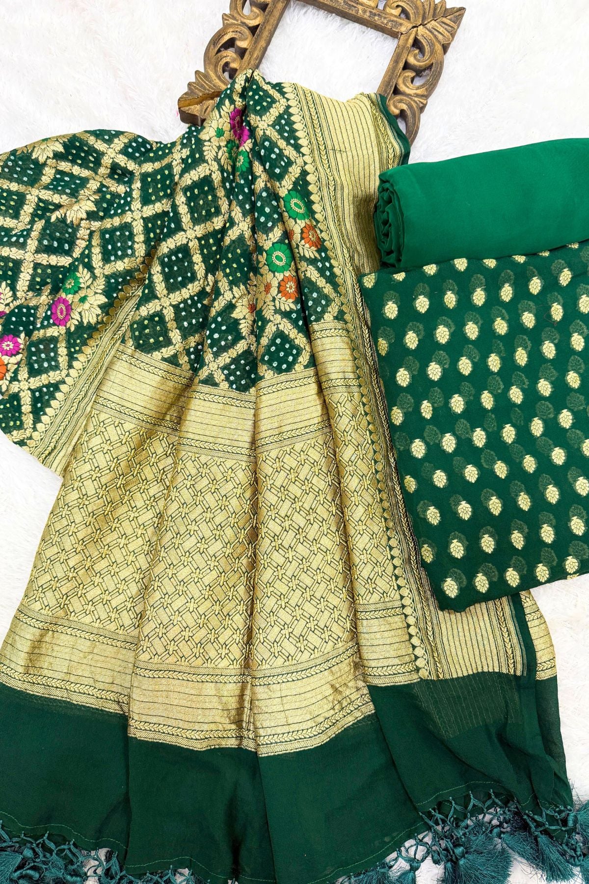 Green Pure Georgette Kadhwa Banarasi Meenakari Suit Set