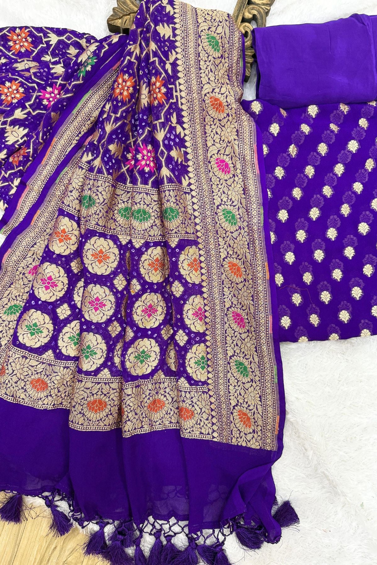 Purple Pure Georgette Kadhwa Banarasi Meenakari Suit Set