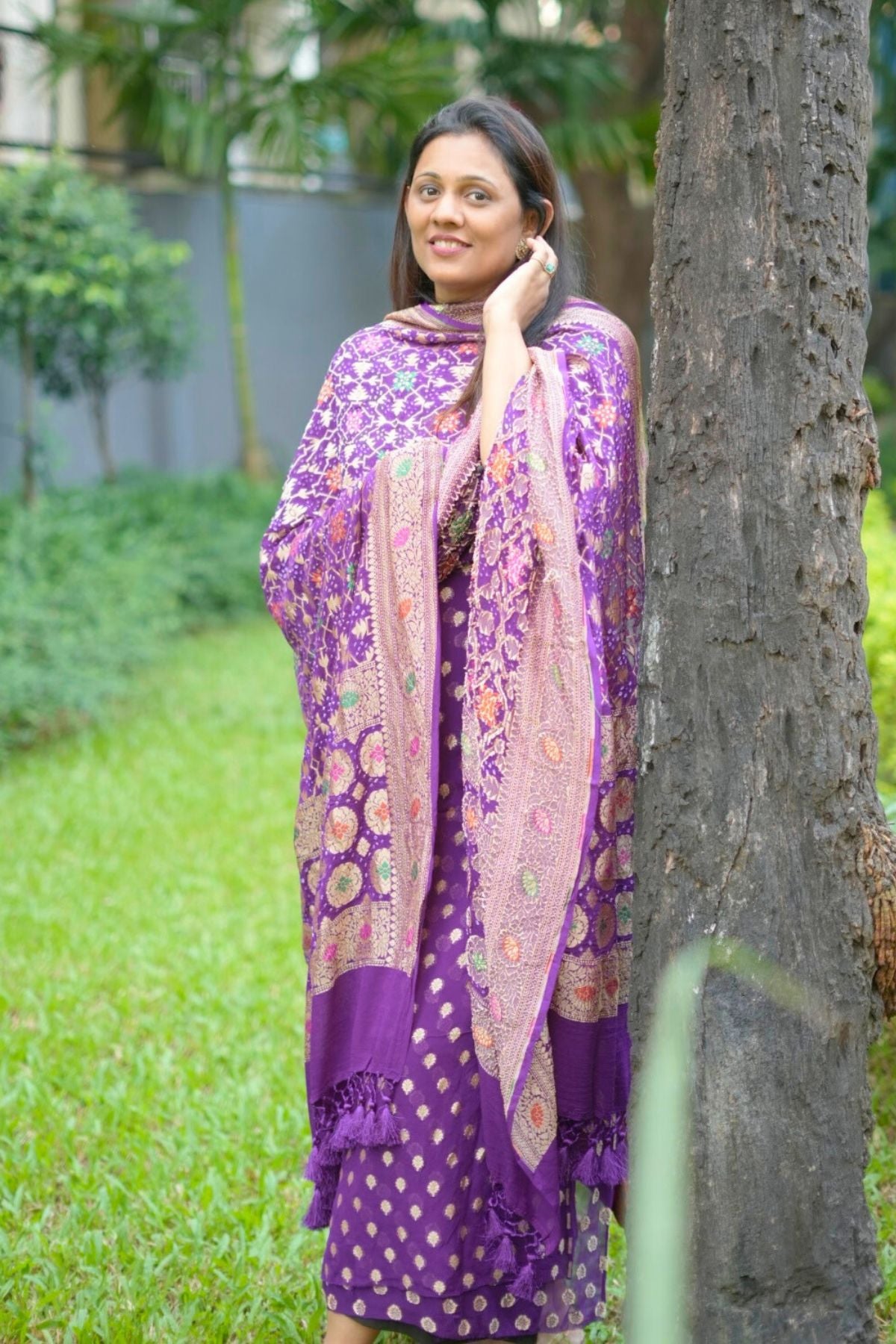 Purple Pure Georgette Kadhwa Banarasi Meenakari Suit Set