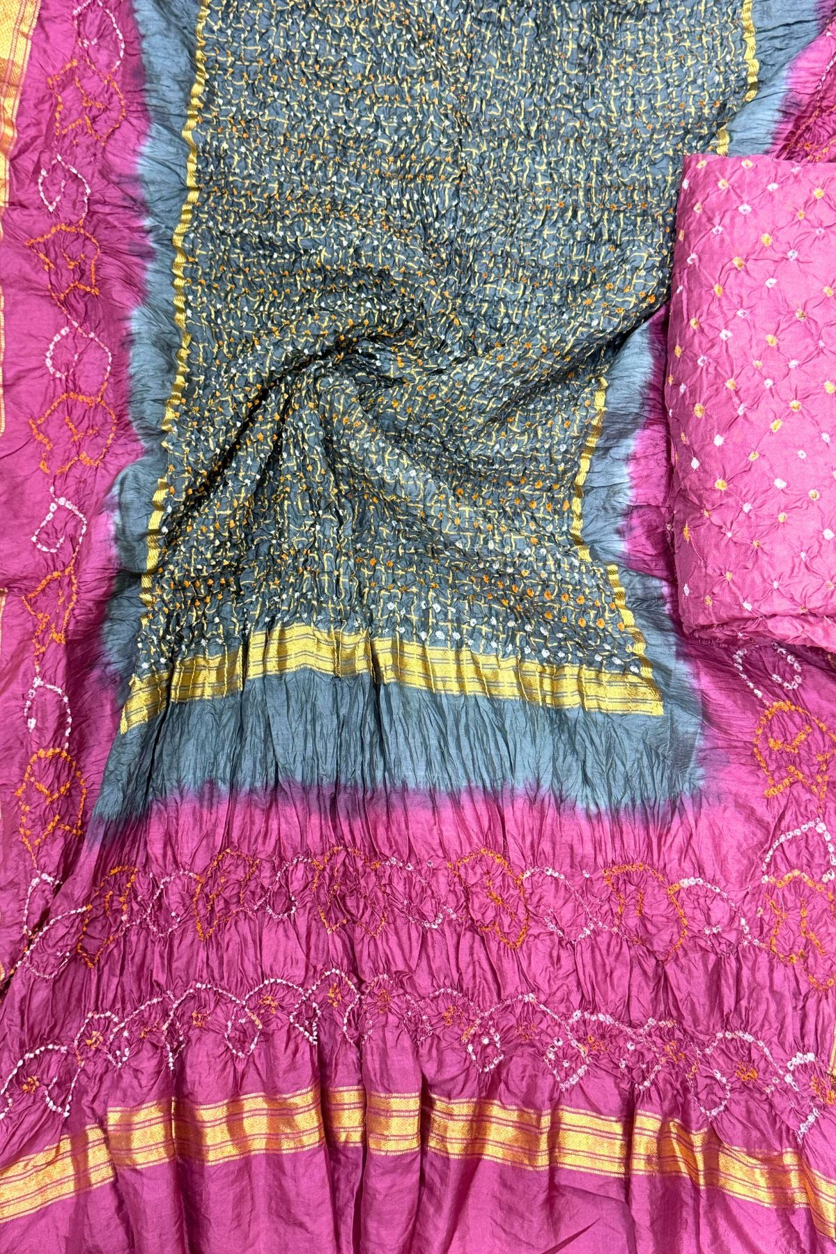 Grey Pink Bandhani – Pure Silk Garchola Suit Set