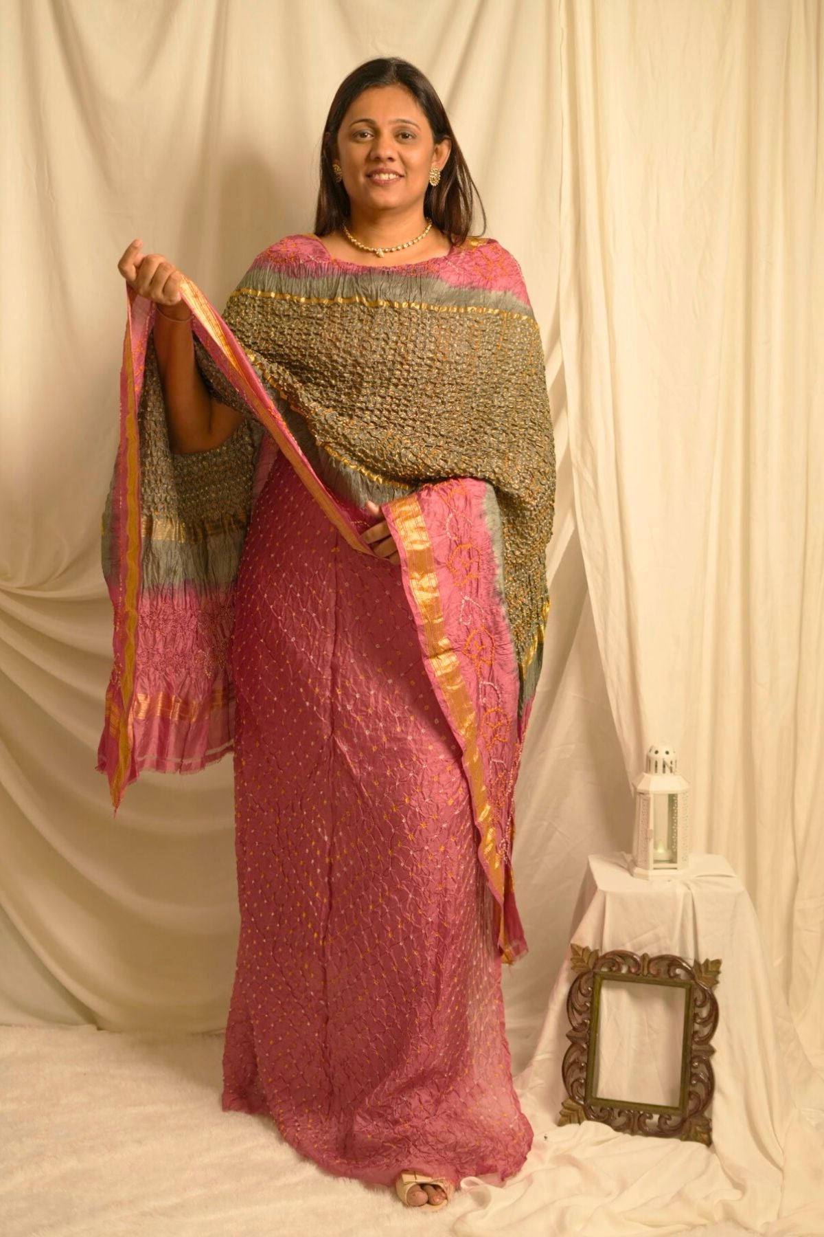 Grey Pink Bandhani – Pure Silk Garchola Suit Set