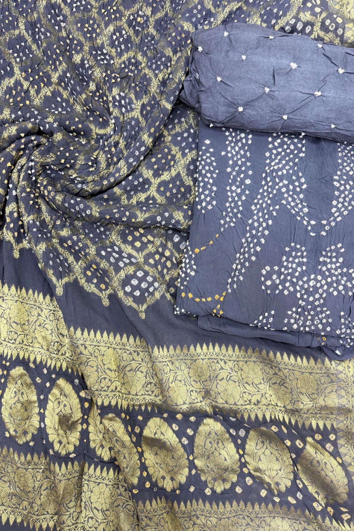 Dark Grey Bandhej Elegance – Pure Georgette Banarasi Suit Set