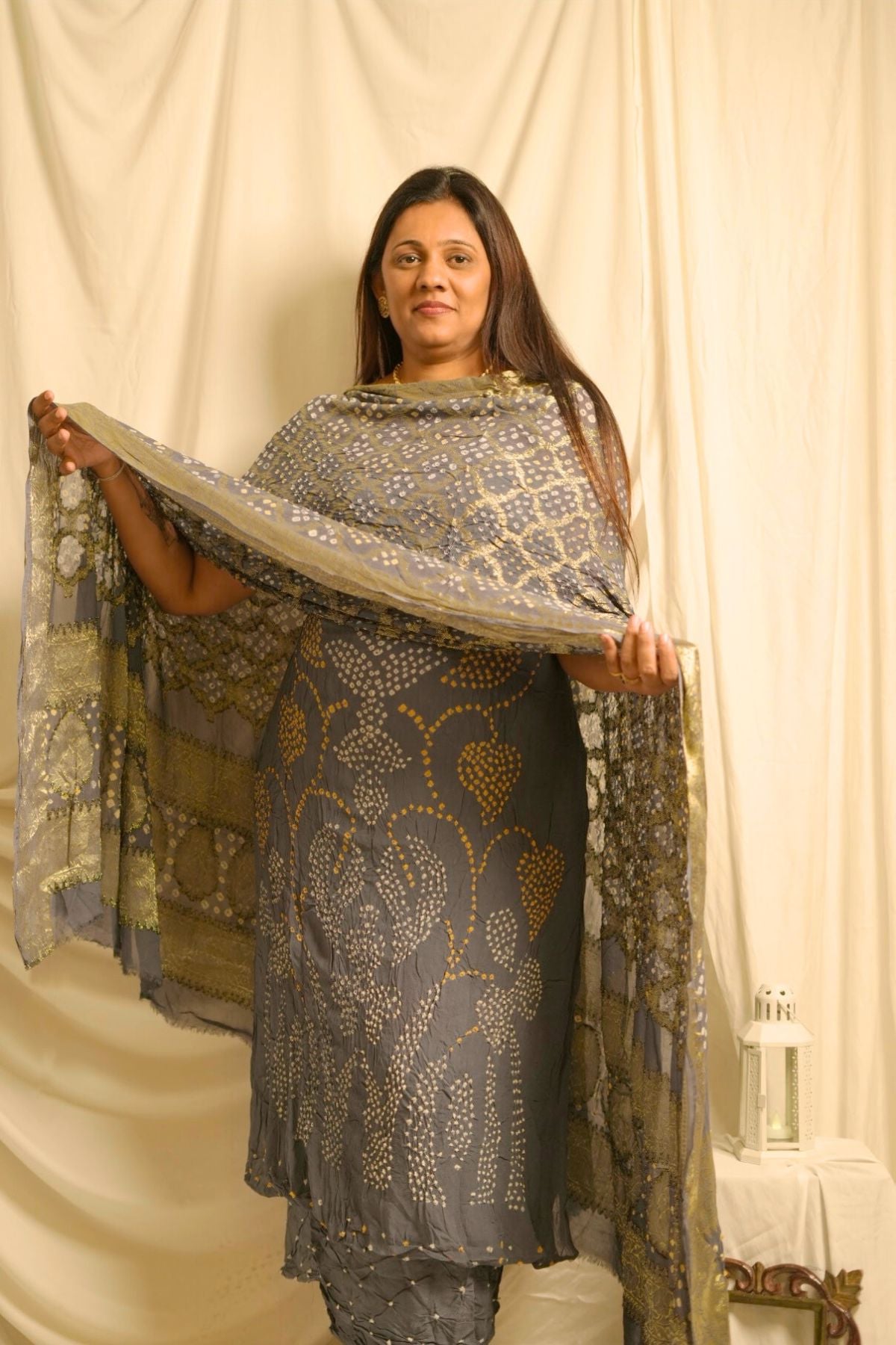 Dark Grey Bandhej Elegance – Pure Georgette Banarasi Suit Set