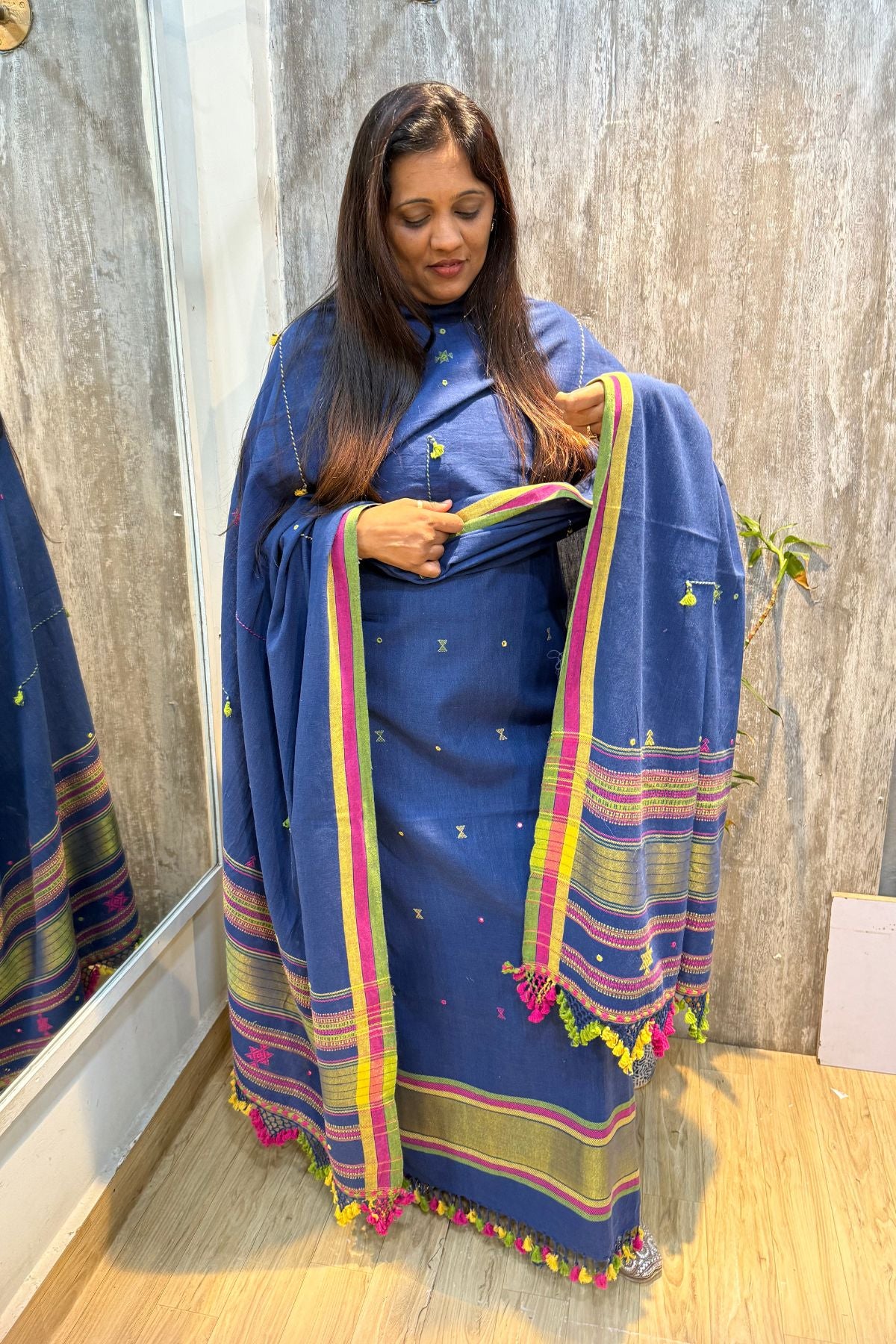 Blue-Wide Border Bhujodi Kala Handwoven Cotton Set