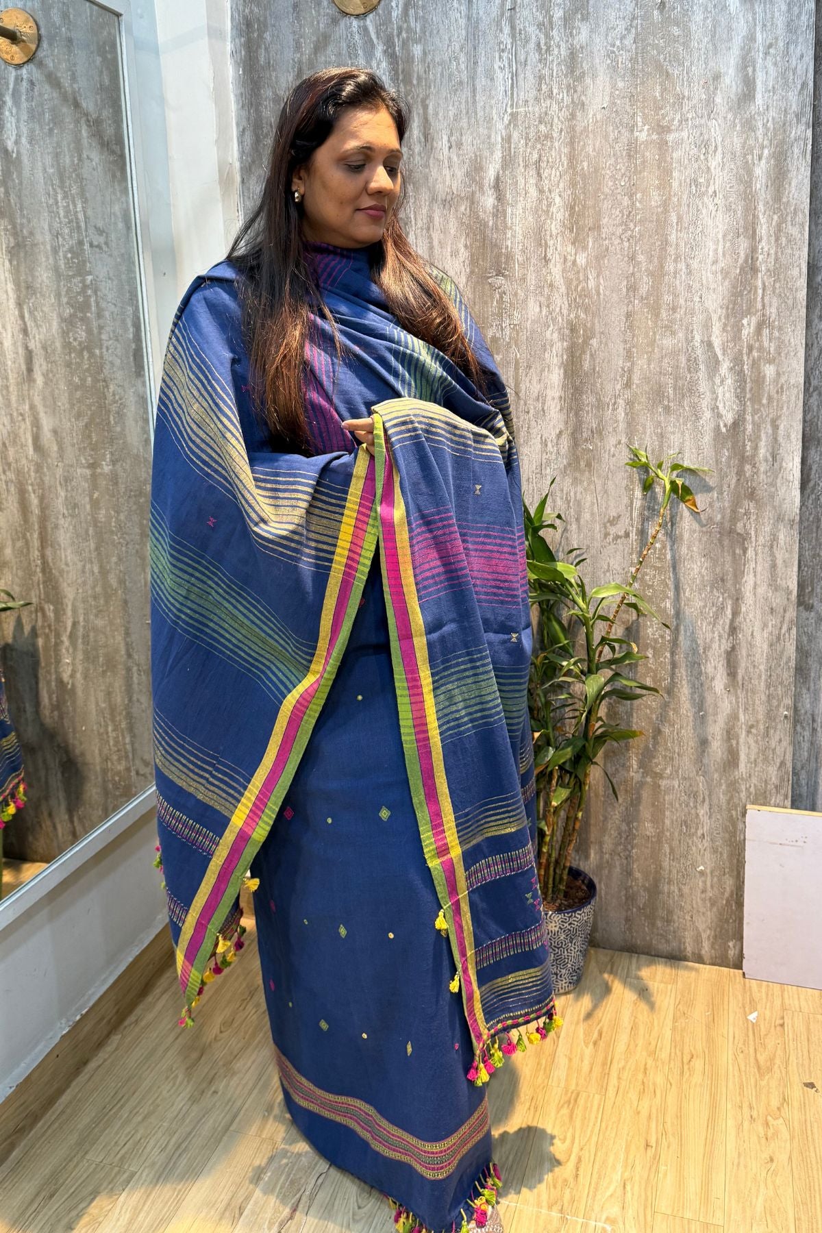 Blue-Striped Dupatta Bhujodi Kala Handwoven Cotton Set