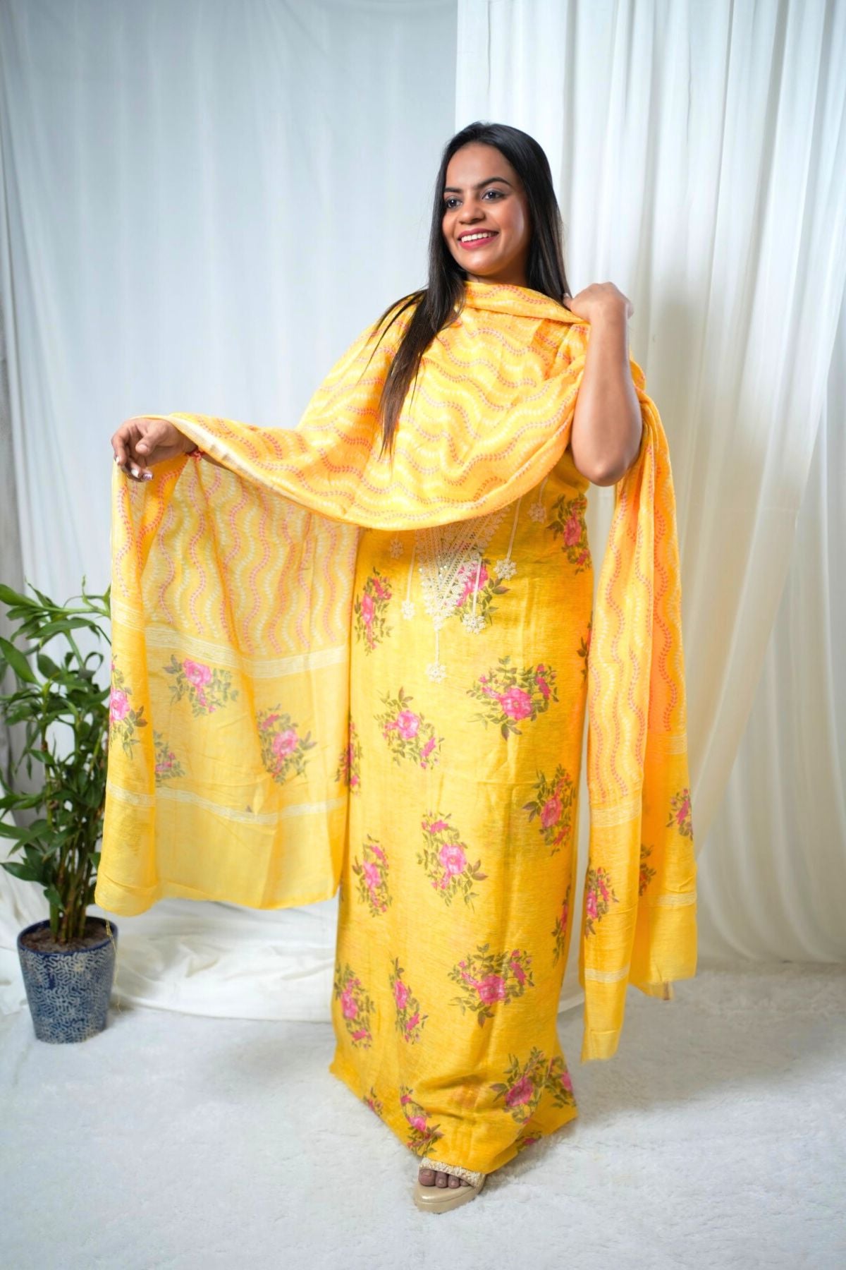 Bright Yellow Satin Linen Dress Suit Material