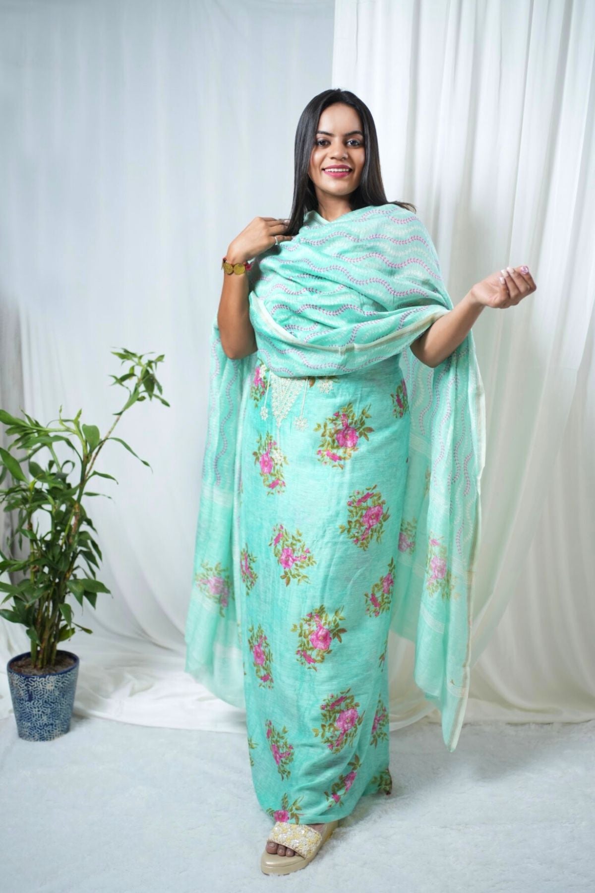 Aqua Blue Satin Linen Dress Suit Material