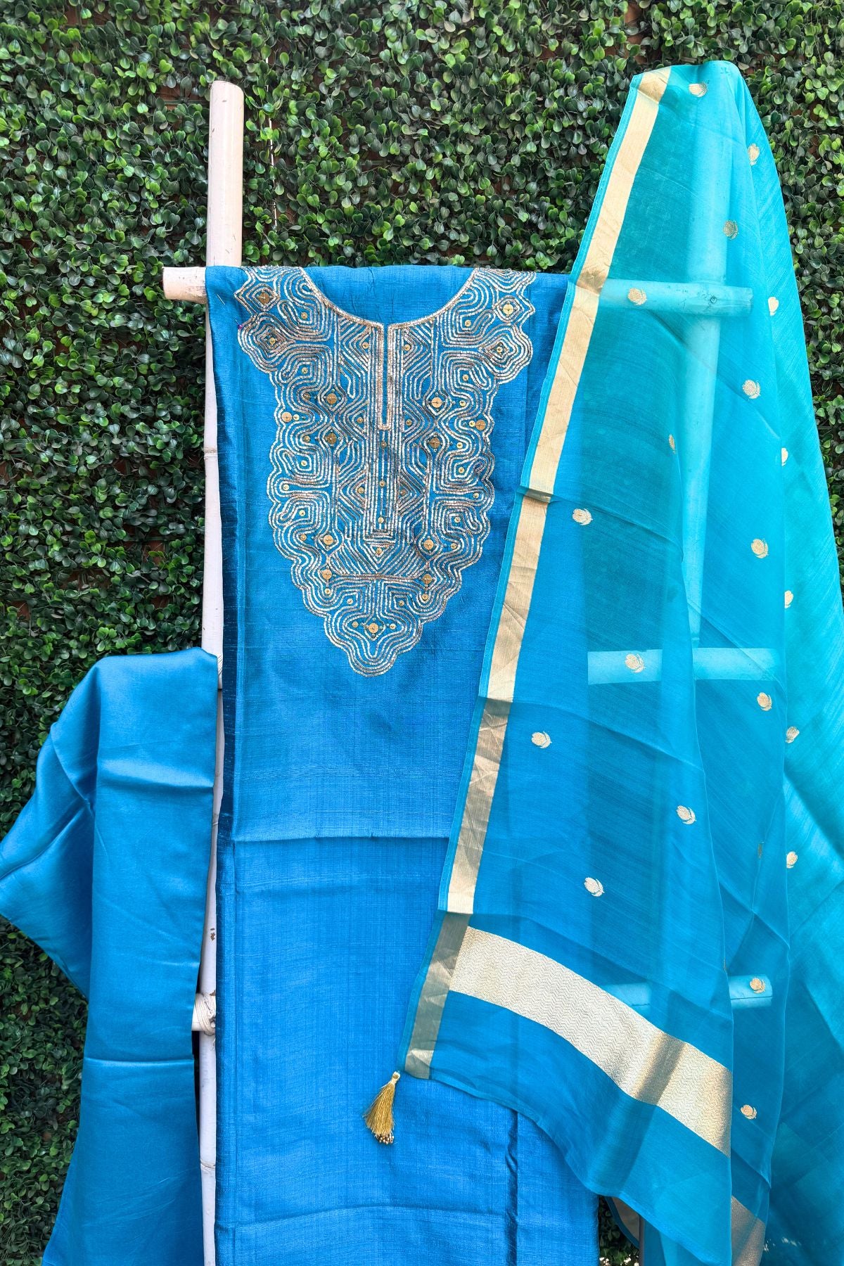 Pure Raw Silk Firozi Blue Banarasi Suit Set