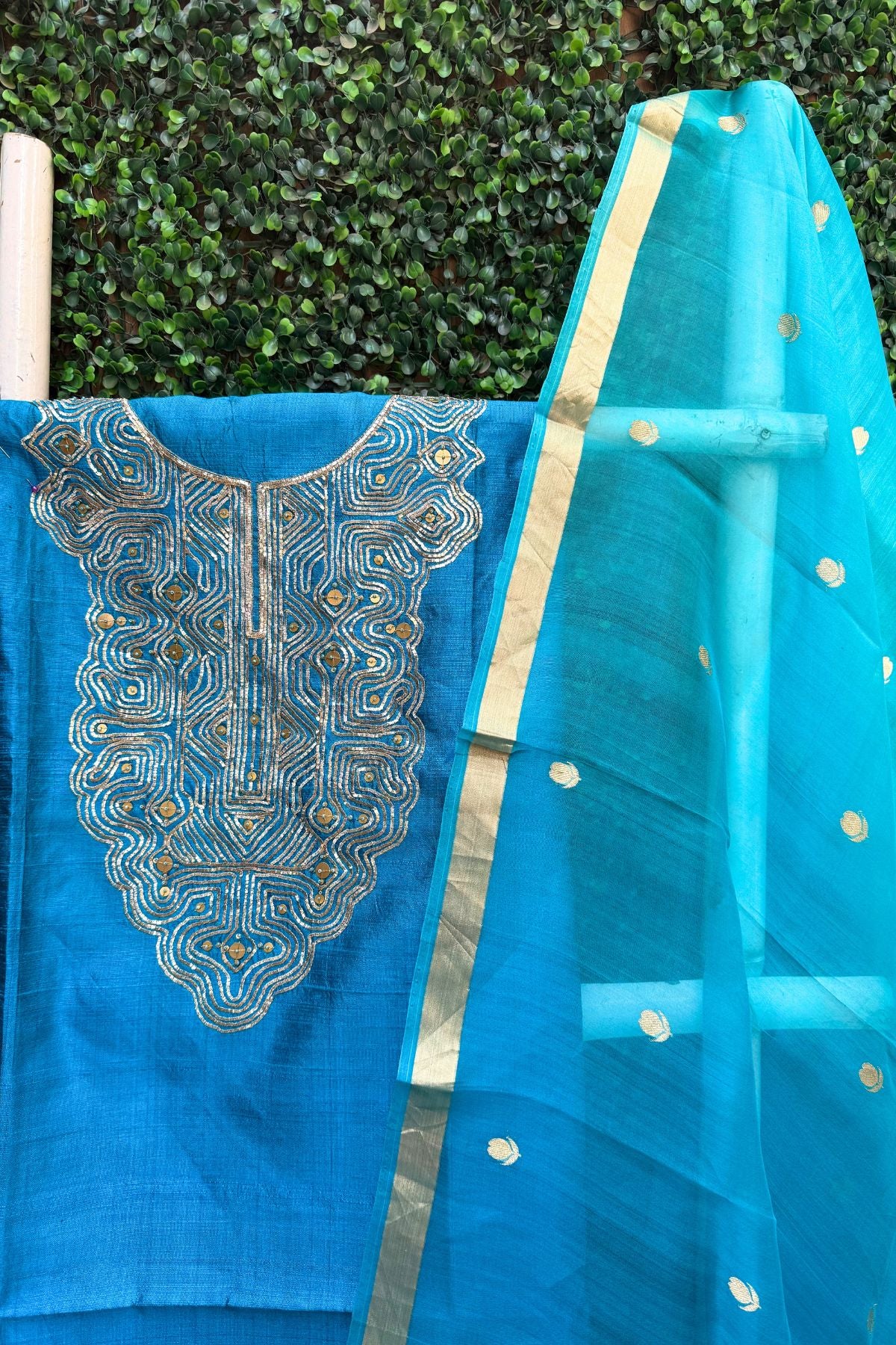 Pure Raw Silk Firozi Blue Banarasi Suit Set