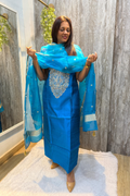 Pure Raw Silk Firozi Blue Banarasi Suit Set