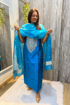 Pure Raw Silk Firozi Blue Banarasi Suit Set