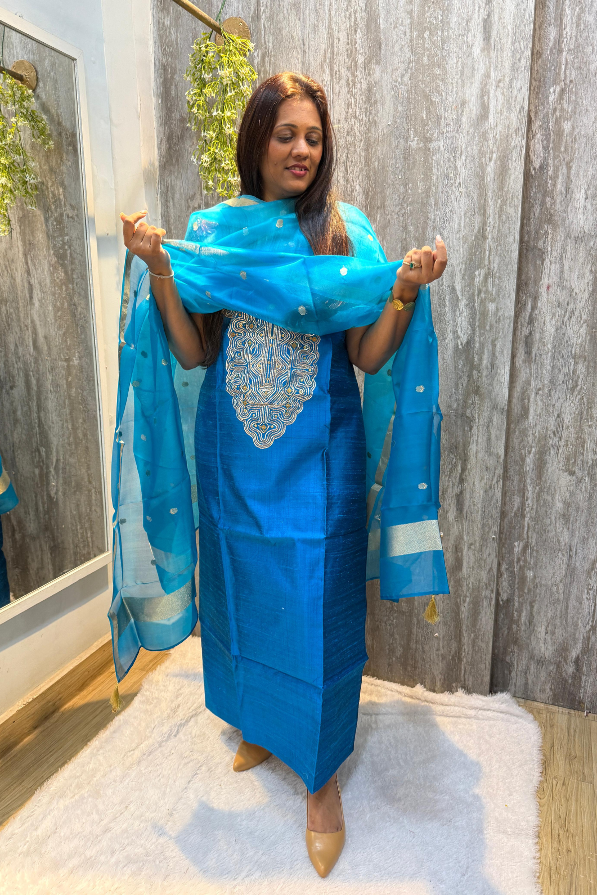Pure Raw Silk Firozi Blue Banarasi Suit Set