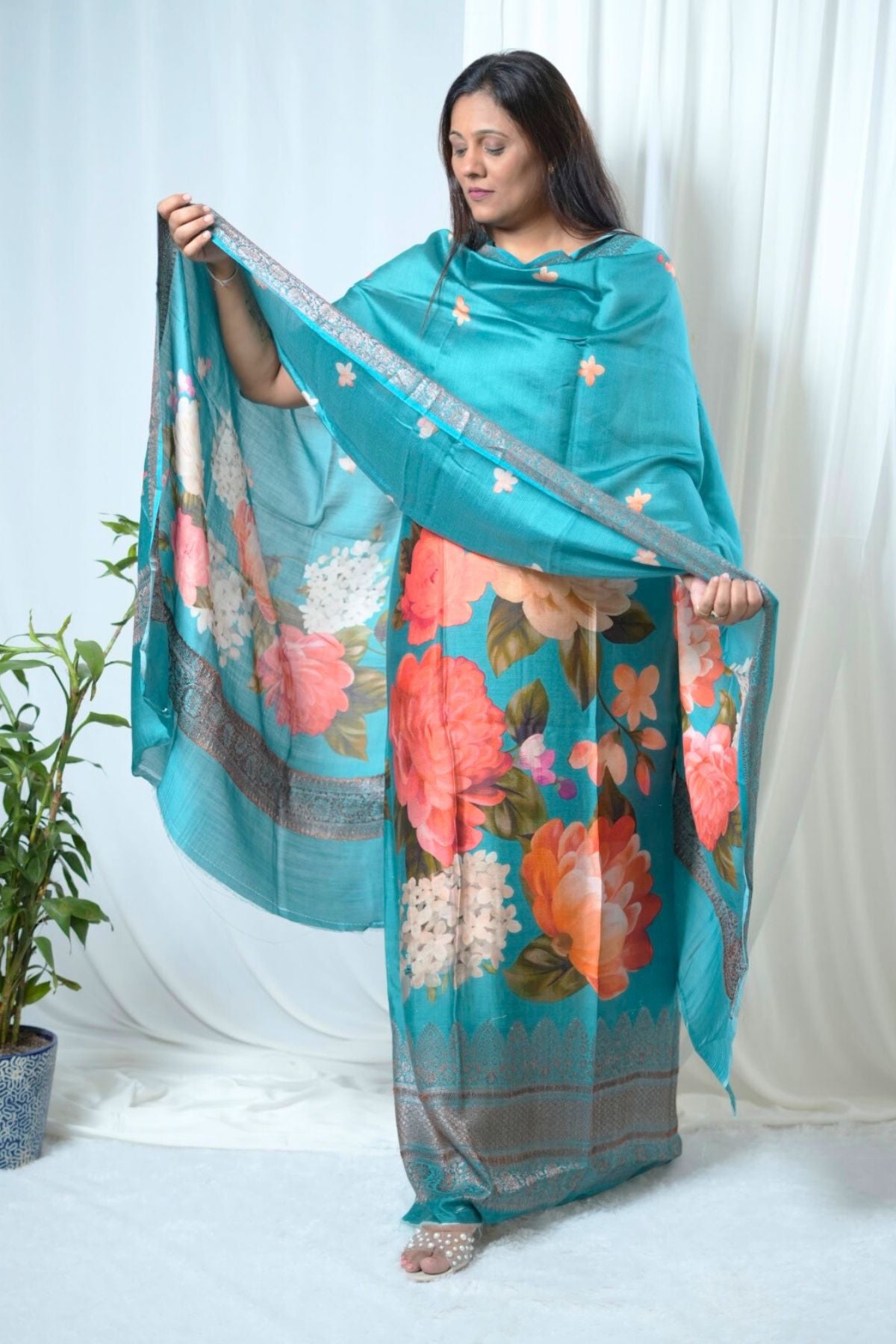 Pure Chanderi Silk Firozi Blue Banarasi Border Suit Set