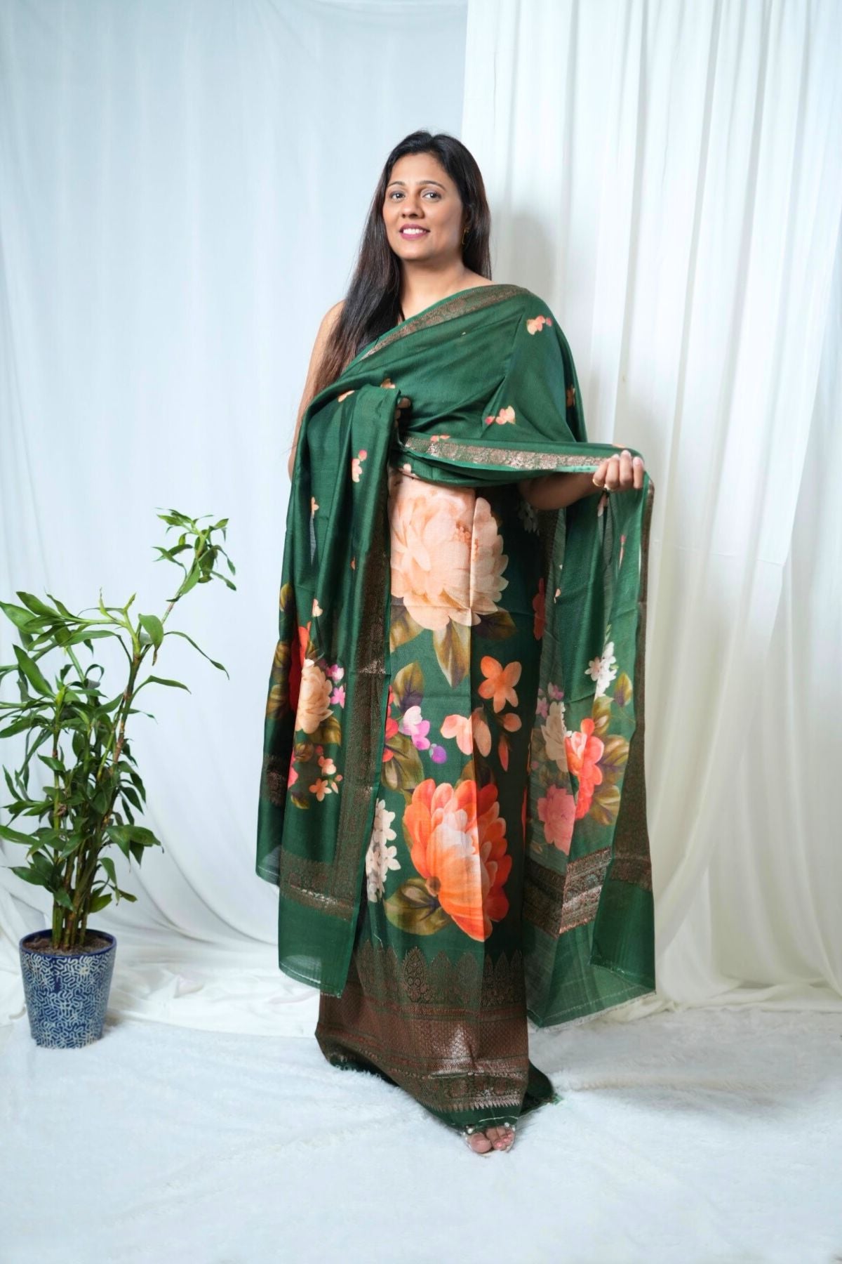Pure Chanderi Silk Dark Green Banarasi Border Suit Set