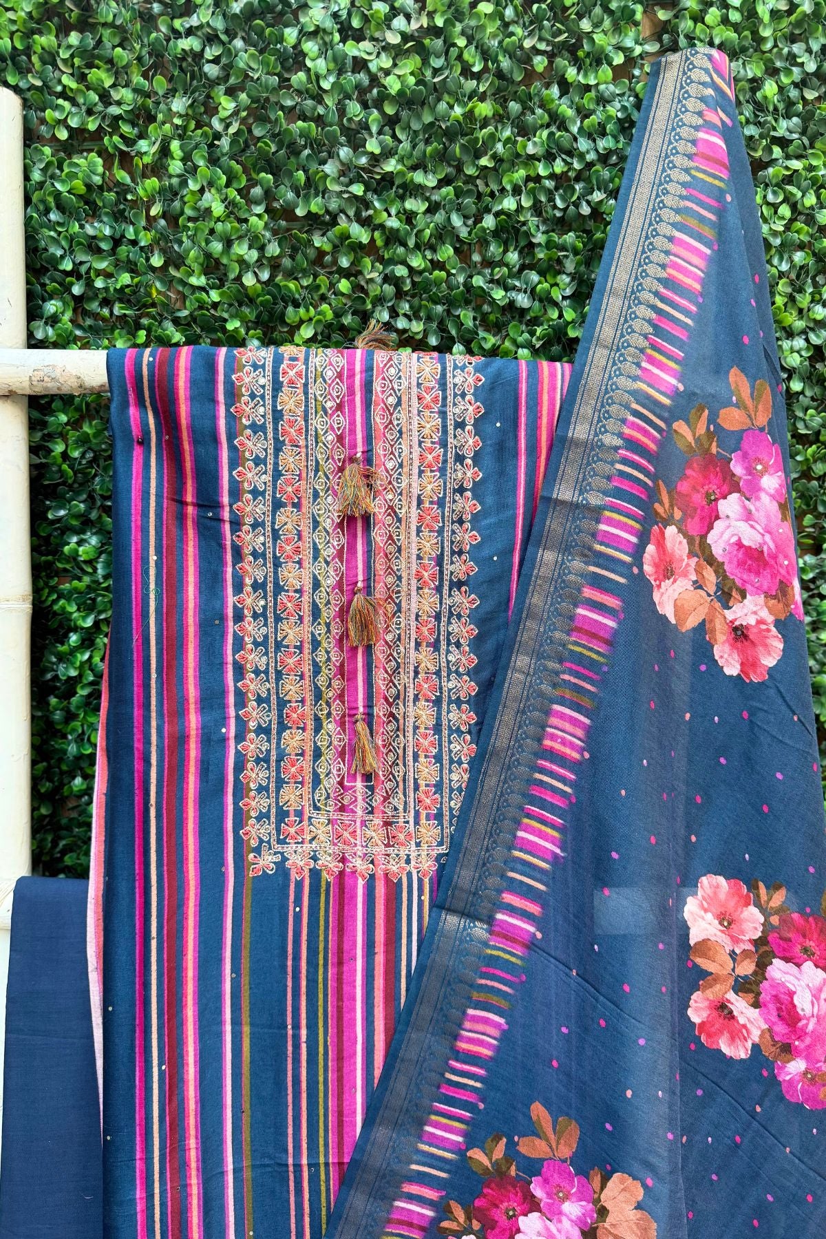 Dark Blue Maheshwari Silk Digital Floral Suit Set