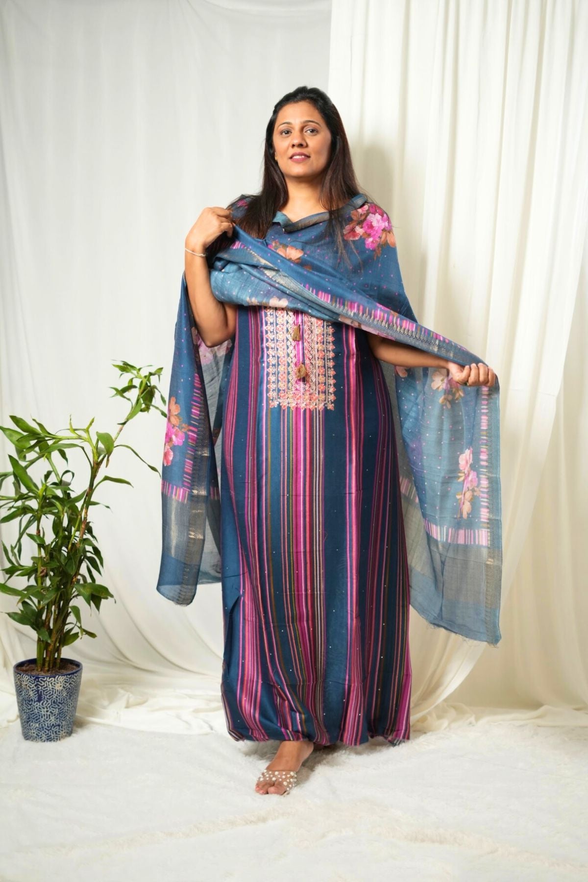 Dark Blue Maheshwari Silk Digital Floral Suit Set