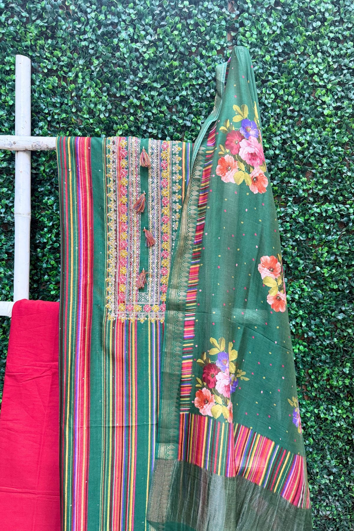 Green & Red Maheshwari Silk Digital Floral Suit Set