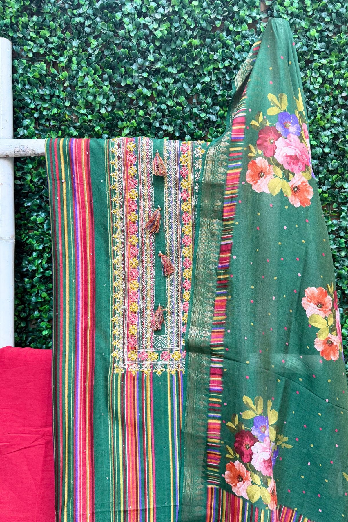 Green & Red Maheshwari Silk Digital Floral Suit Set