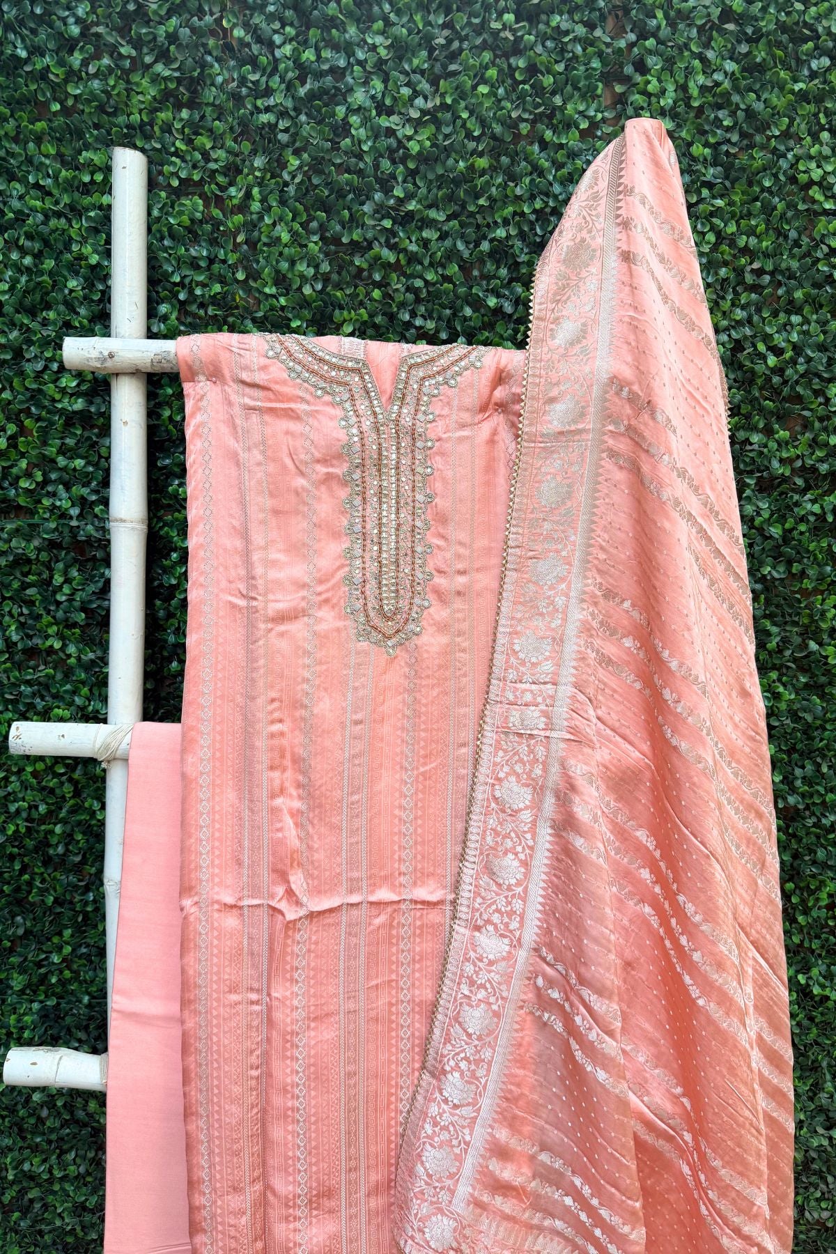Pastel Peach Silver Weave Elegance – Pure Modal Satin Banarasi Suit Set