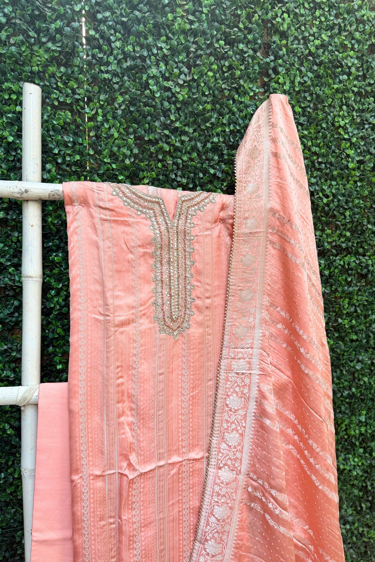 Pastel Peach Silver Weave Elegance – Pure Modal Satin Banarasi Suit Set