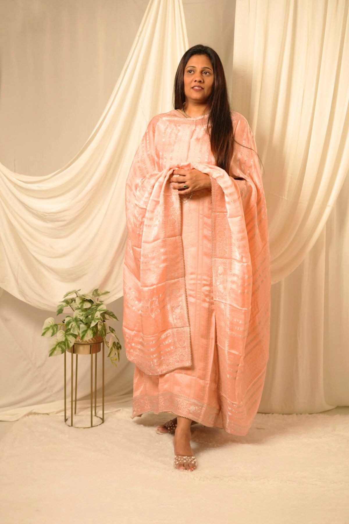 Pastel Peach Silver Weave Elegance – Pure Modal Satin Banarasi Suit Set