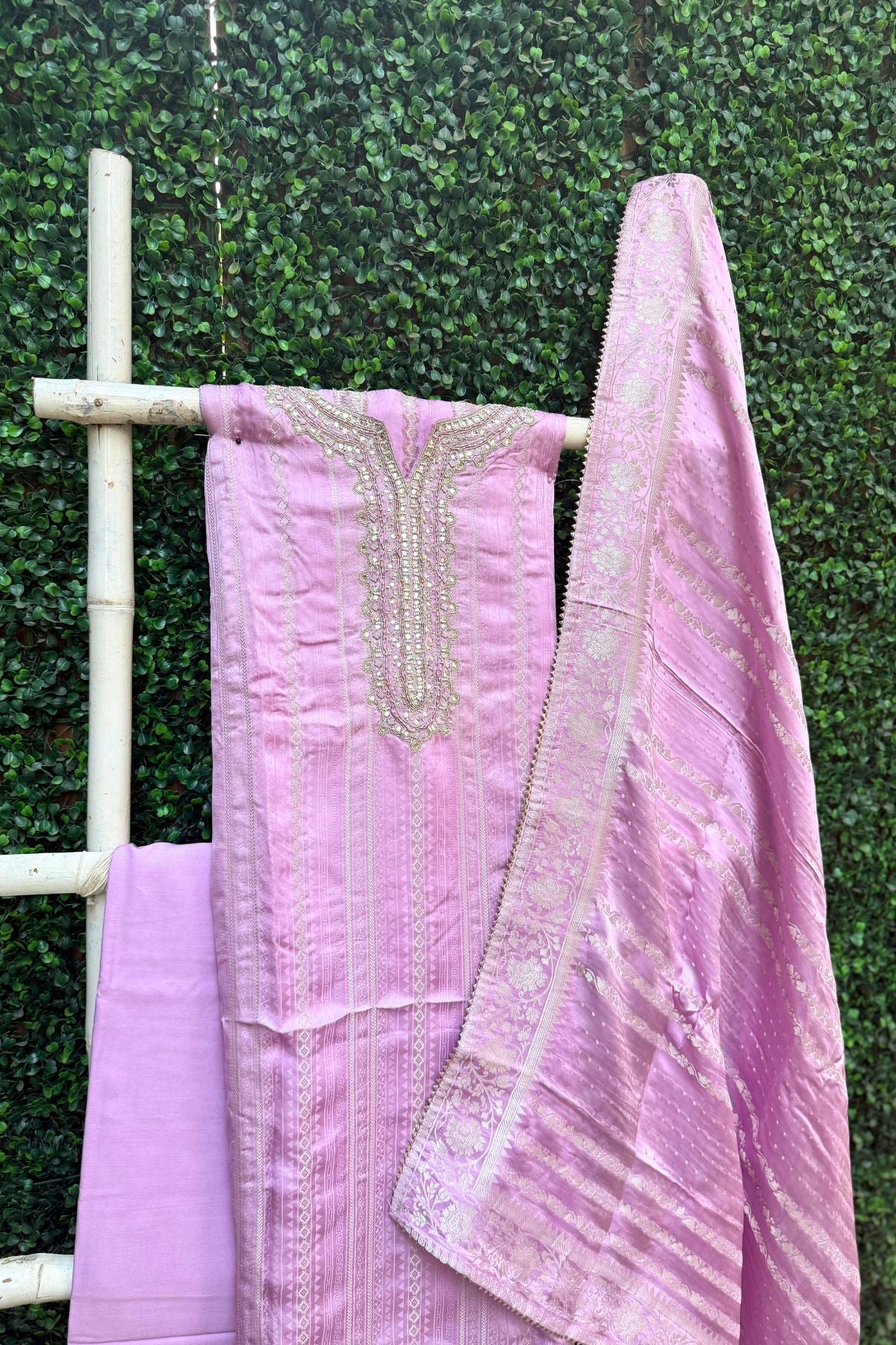 Lavender Silver Weave Elegance – Pure Modal Satin Banarasi Suit Set