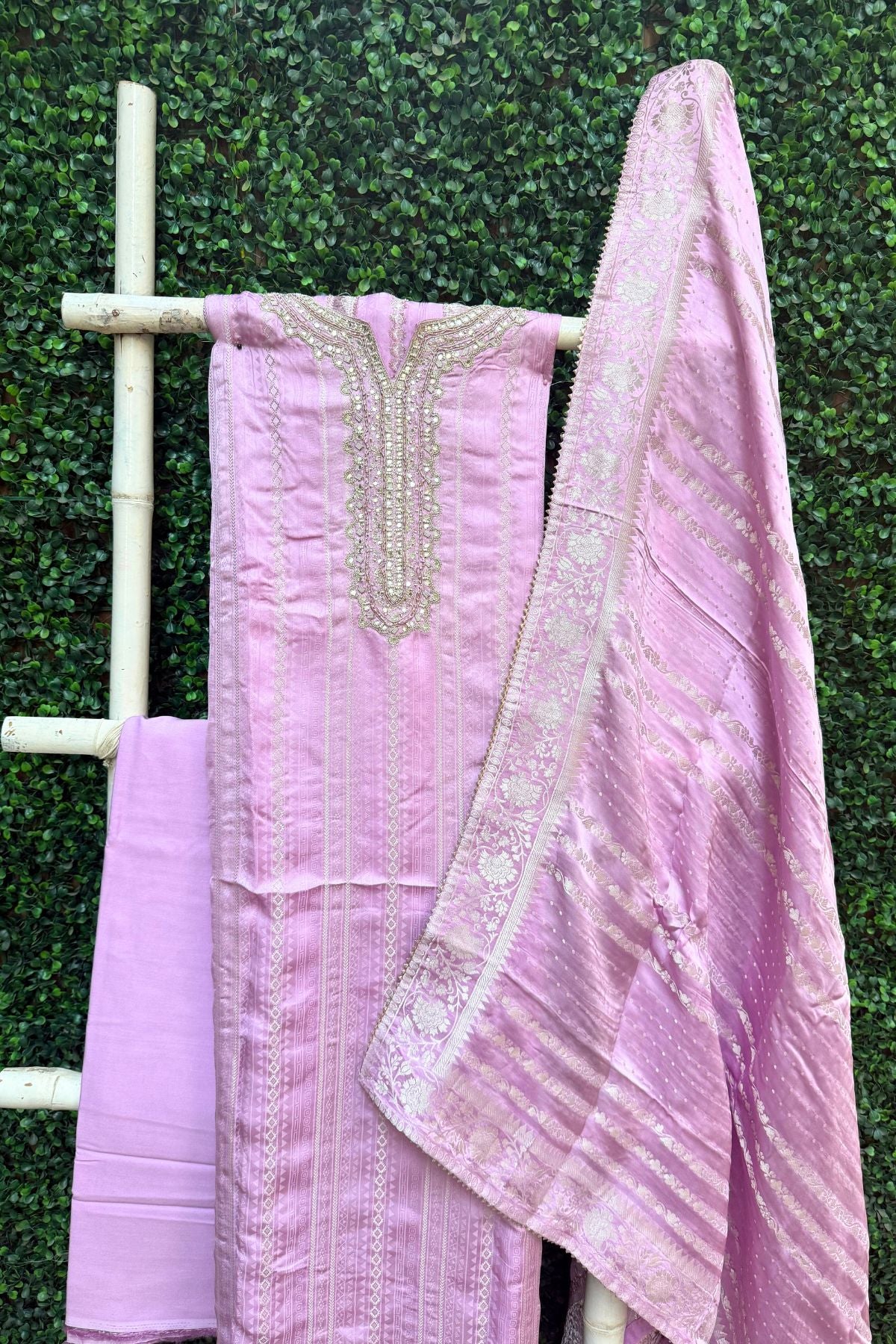 Lavender Silver Weave Elegance – Pure Modal Satin Banarasi Suit Set