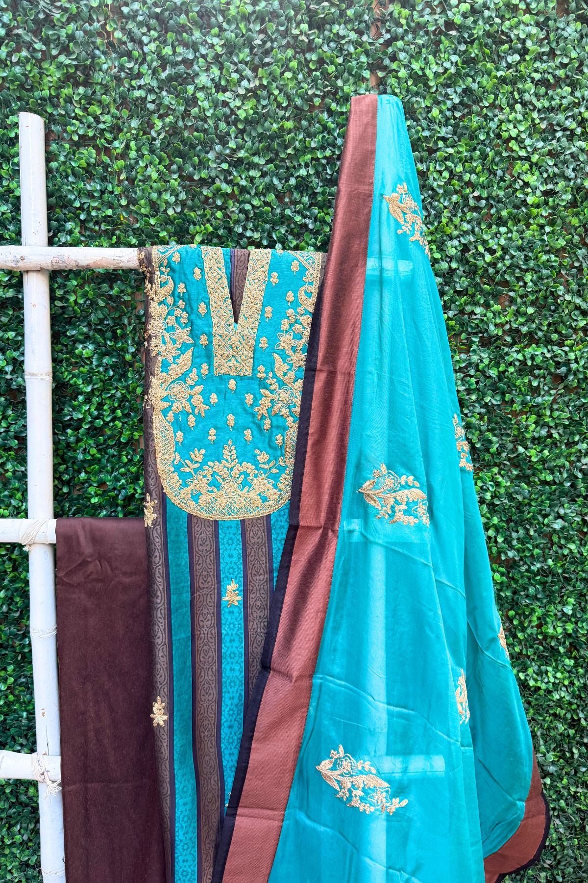 Firozi Stripes Elegance – Pure Chanderi Silk Suit Set