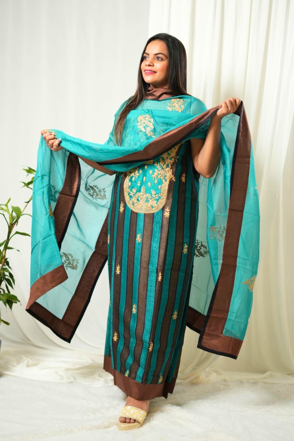 Firozi Stripes Elegance – Pure Chanderi Silk Suit Set