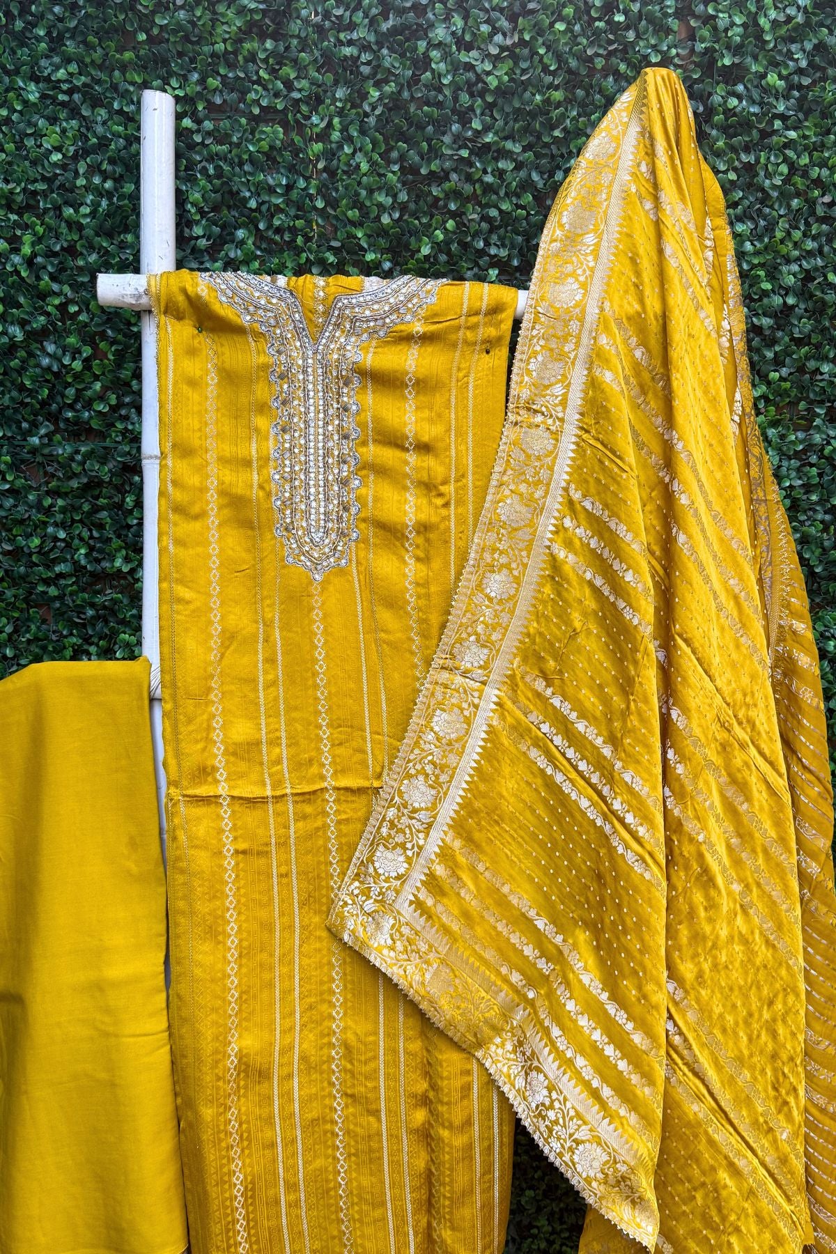 Chrome Yellow Silver Weave Elegance – Pure Modal Satin Banarasi Suit Set