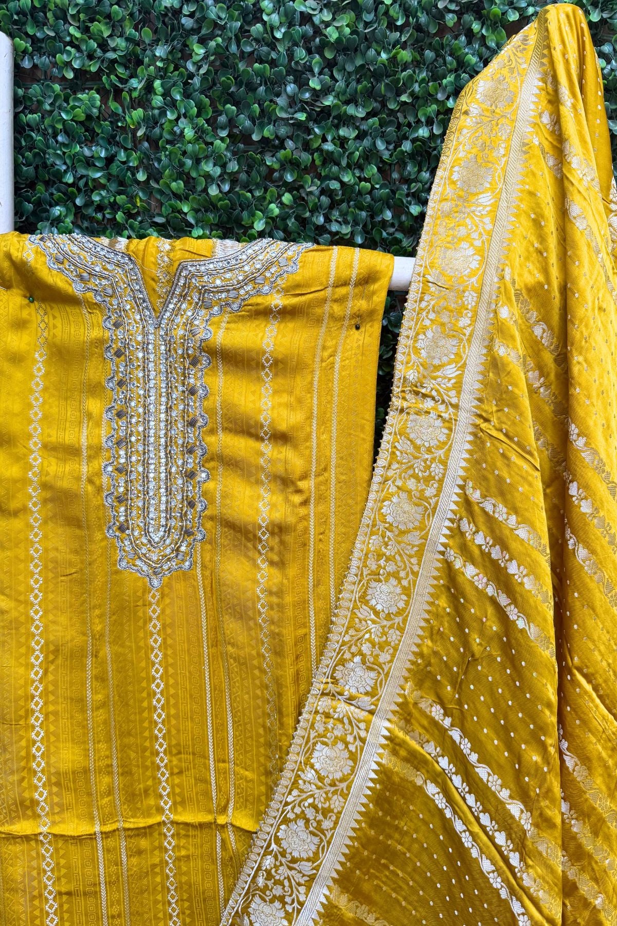 Chrome Yellow Silver Weave Elegance – Pure Modal Satin Banarasi Suit Set