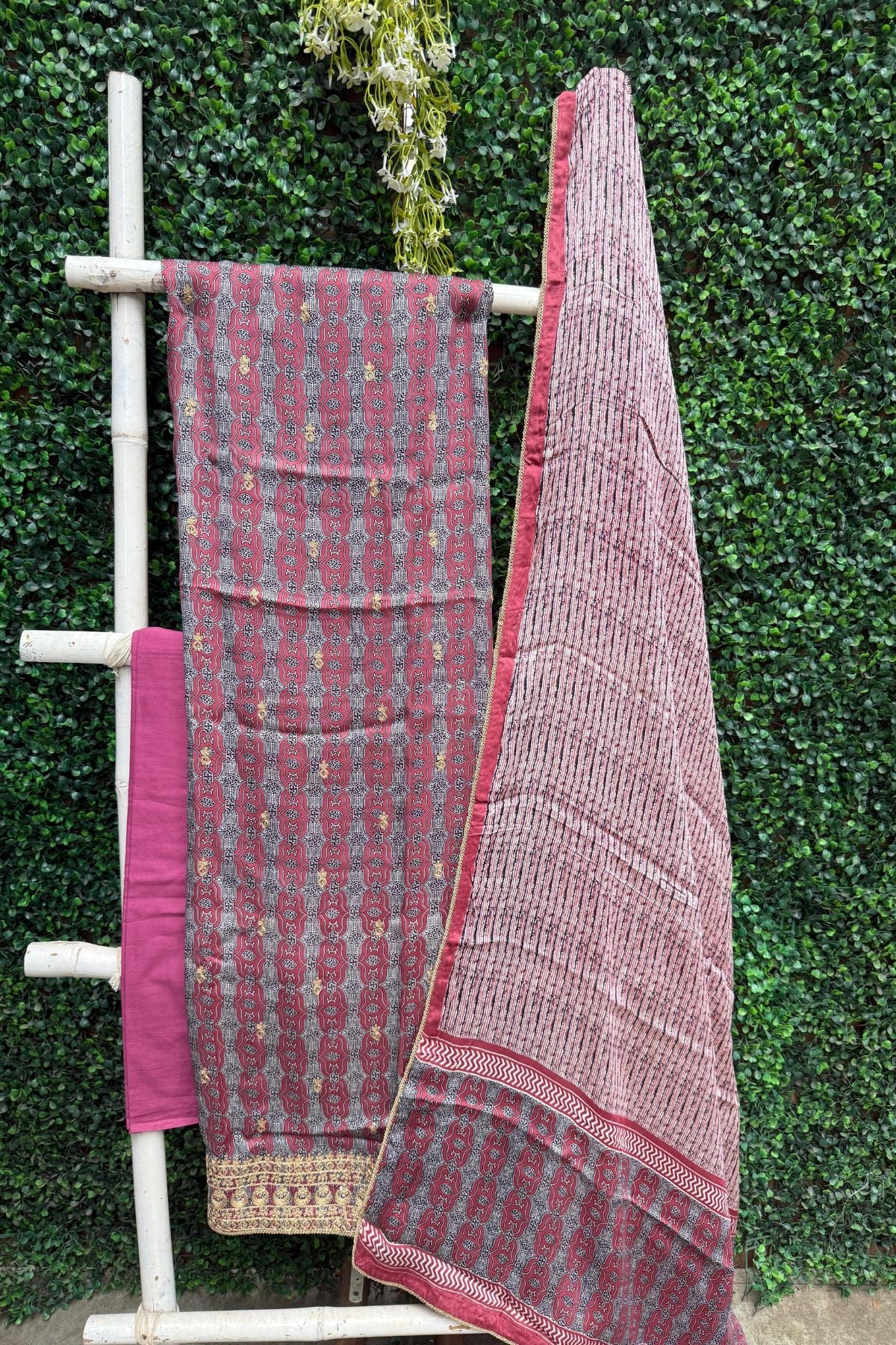 Pink Modal Satin Ajrakh Suit Set