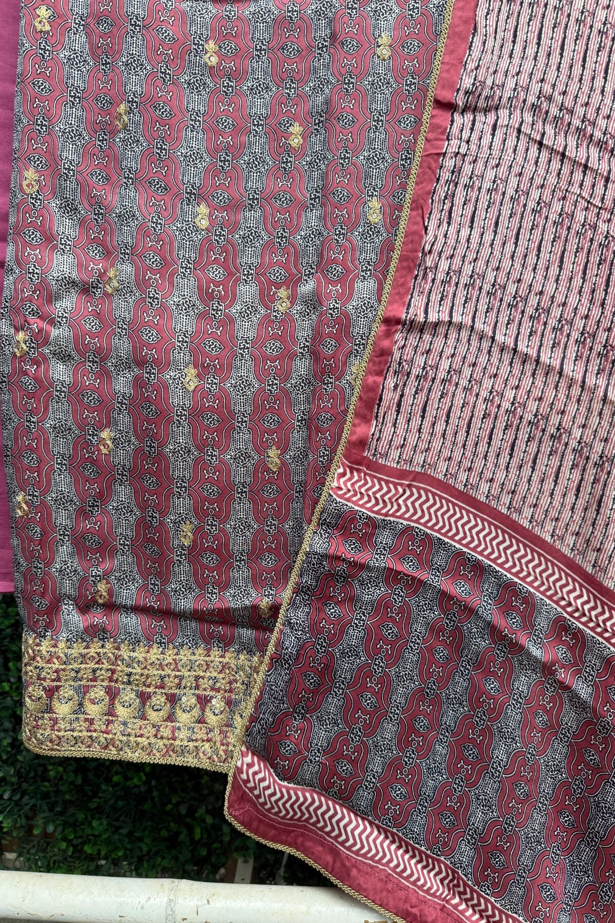 Pink Modal Satin Ajrakh Suit Set