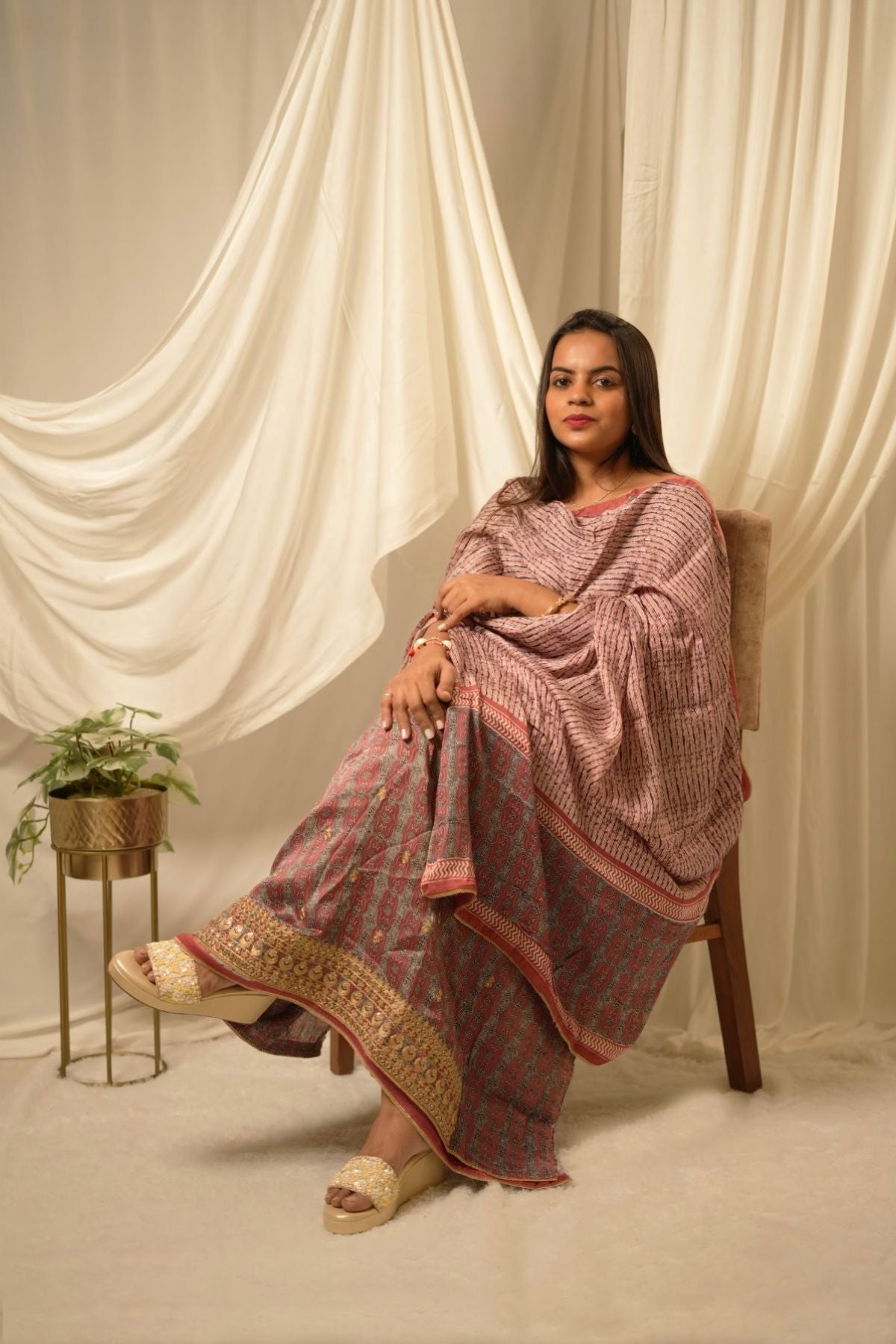 Pink Modal Satin Ajrakh Suit Set